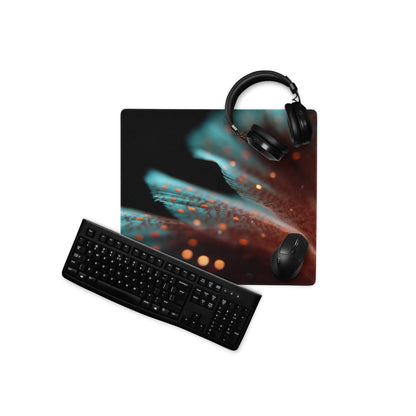 Black ergonomic keyboard on teal orange glow gaming mouse pad