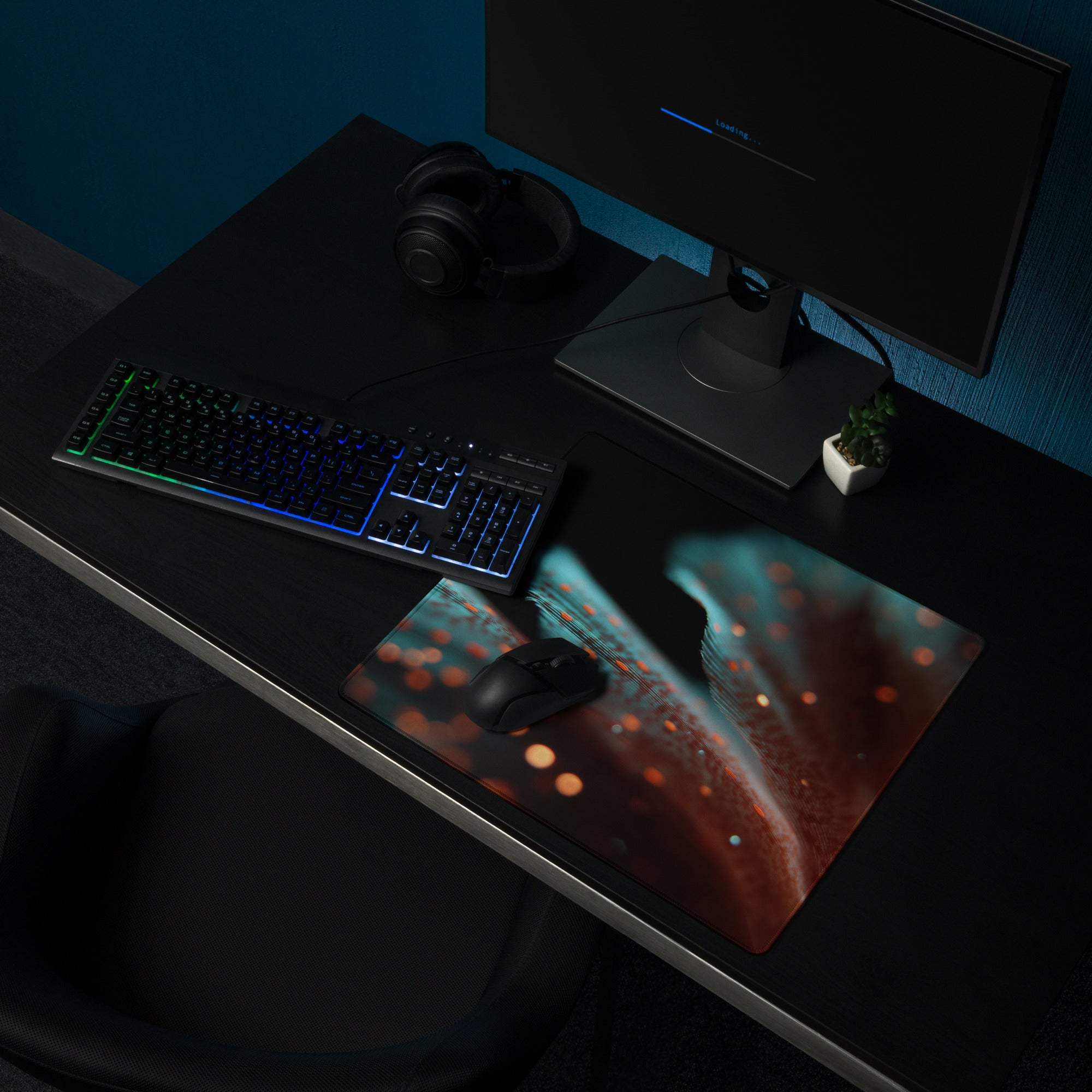 Large extended gaming mouse pad with cosmic teal orange nebula design