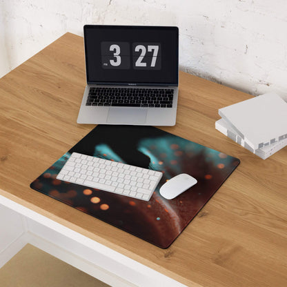 Large extended gaming mouse pad with cosmic nebula design and teal orange glow