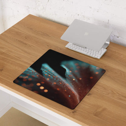Large extended gaming mouse pad with teal orange cosmic nebulae design