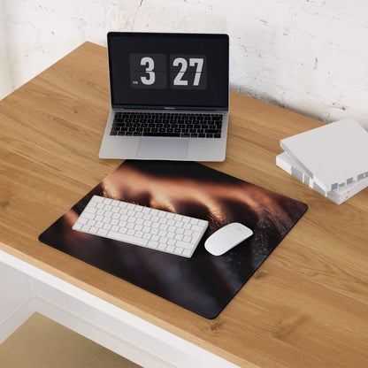 Premium large dark ember gaming mousepad with fiery orange brown handprint