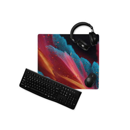 Vibrant cosmic nebula gaming mouse pad with black keyboard and headset