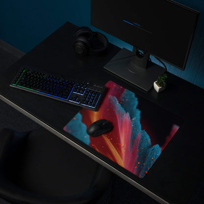 Vibrant cosmic nebula gaming mouse pad with glossy blue-red hues, non-slip backing
