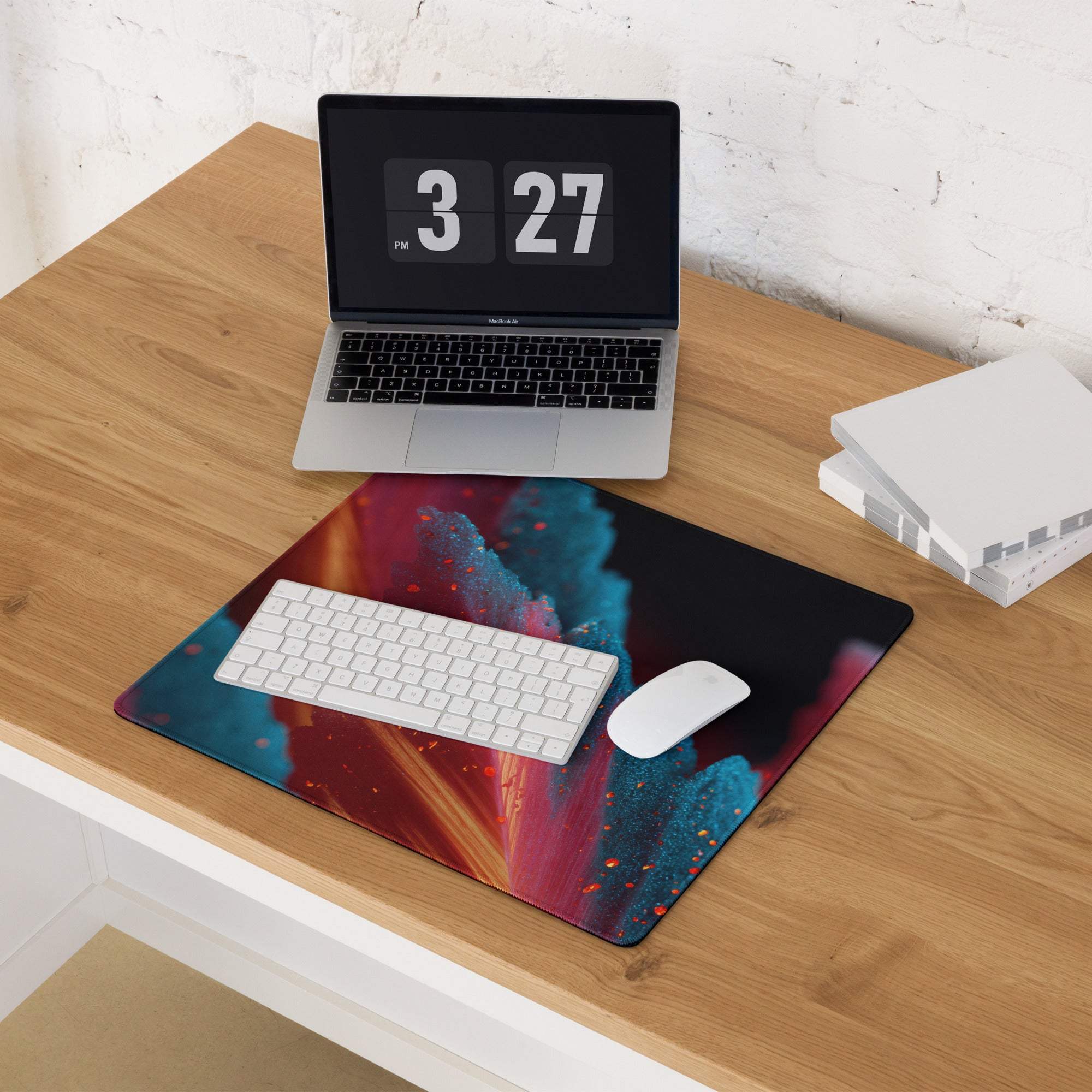 Vibrant neon abstract gaming mousepad with swirling red pink teal cosmic patterns and non-slip backing