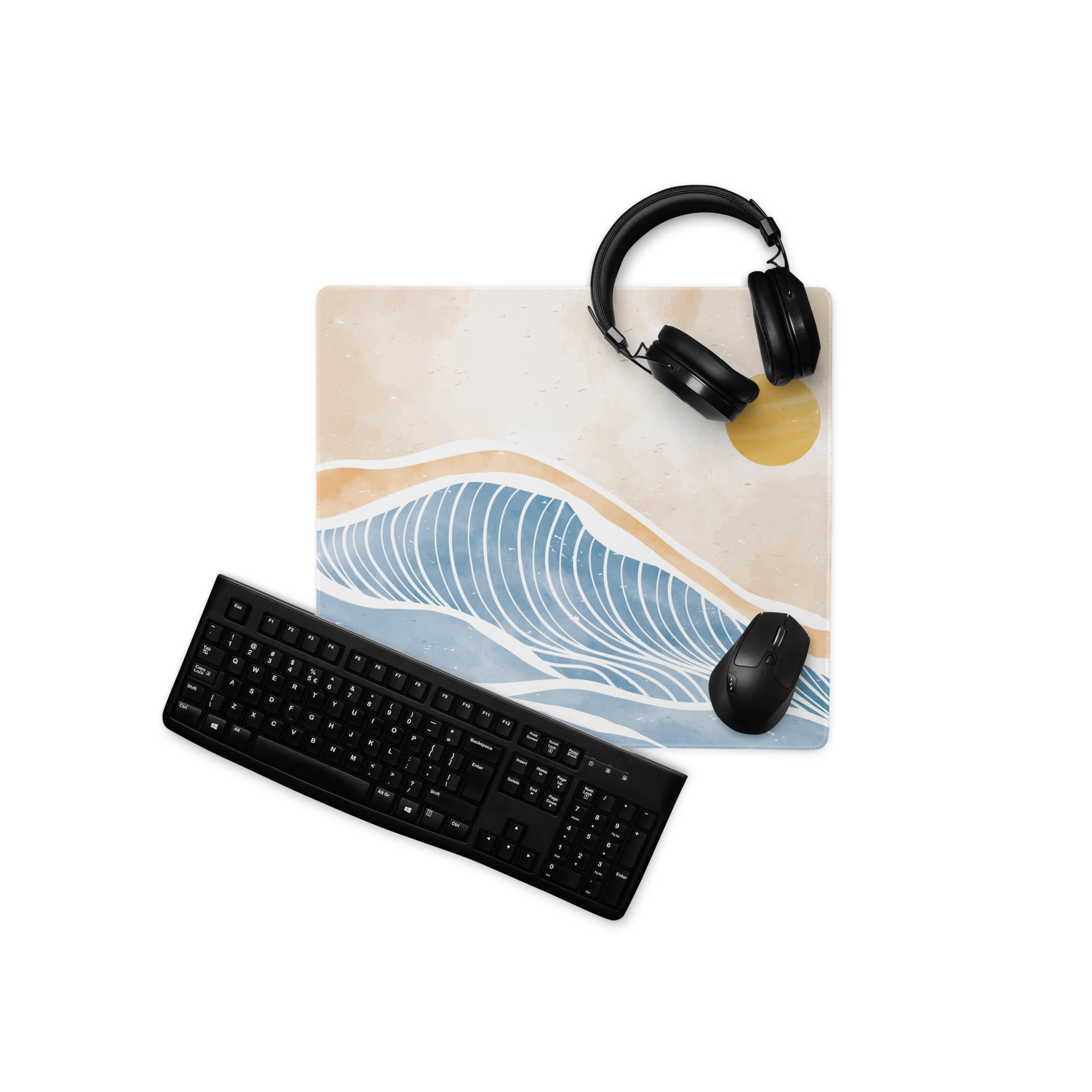 Boho Ocean Wave Mouse Pad Large 36x18 Beige Blue Orange Non Slip Edge Stitched Desk Pad