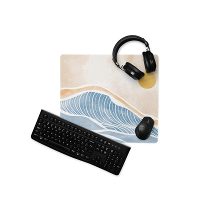 Boho Ocean Wave Mouse Pad Large 36x18 Beige Blue Orange Non Slip Edge Stitched Desk Pad