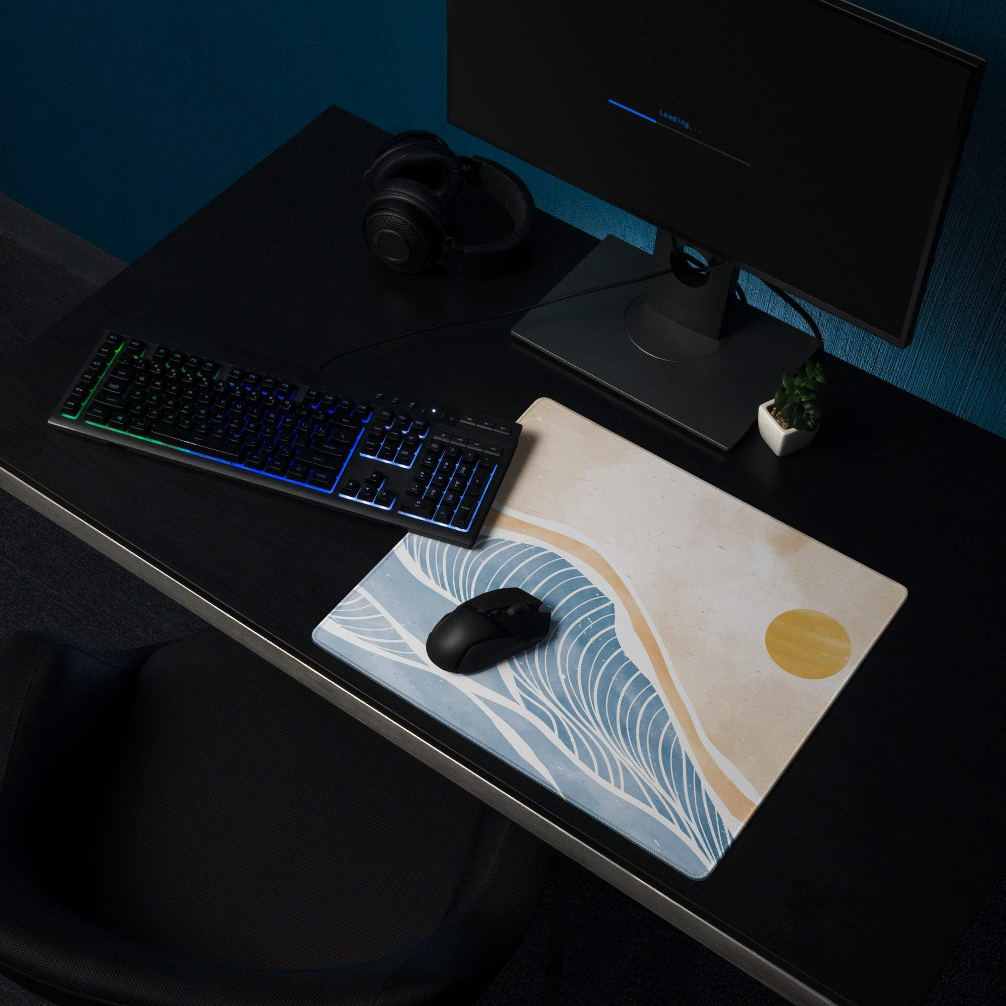 Boho ocean wave large mouse pad with minimalist blue beige and gold wave design for calm coastal desk decor