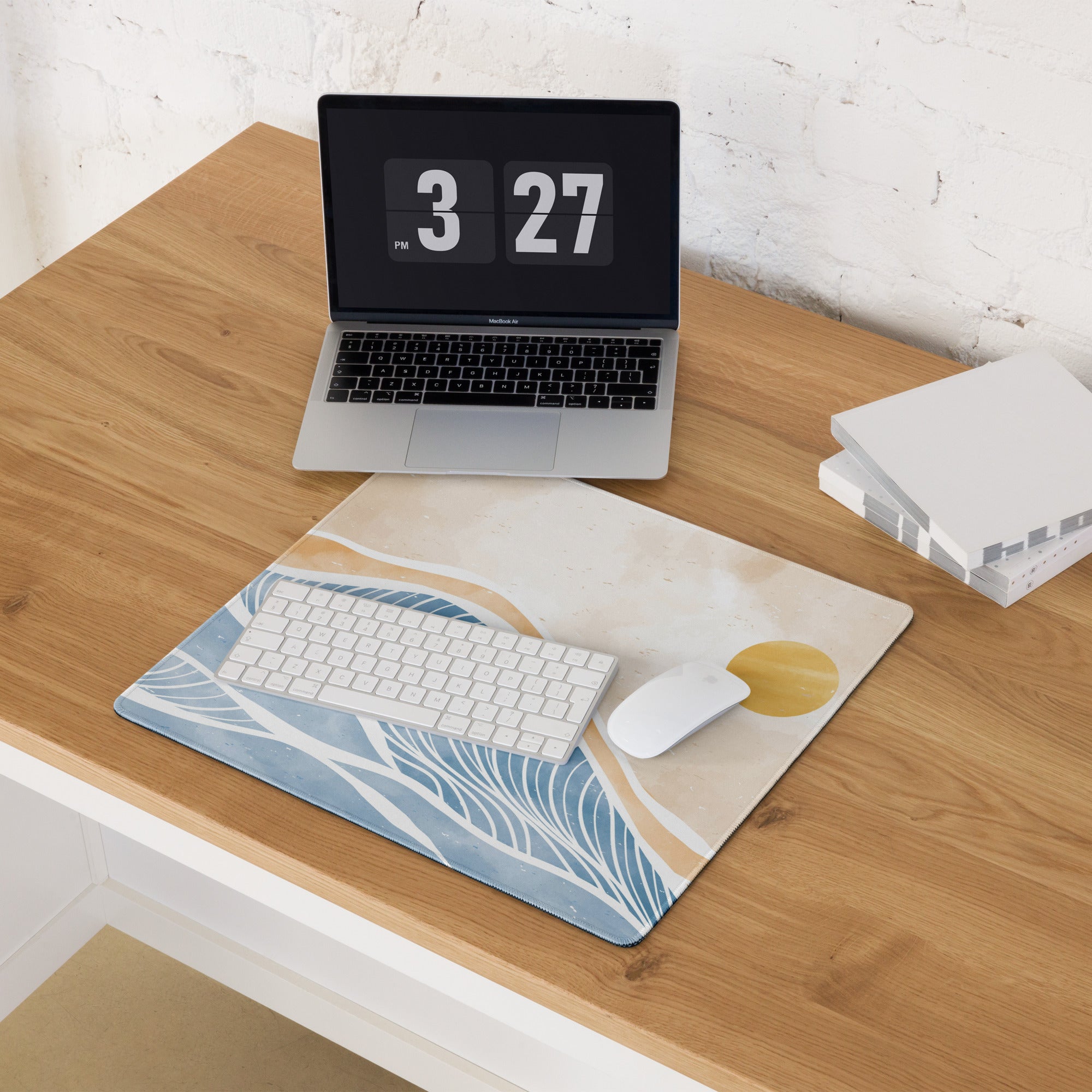 Boho Ocean Wave Mouse Pad Large 36x18 Beige Blue Orange Non Slip Edge Stitched Desk Pad