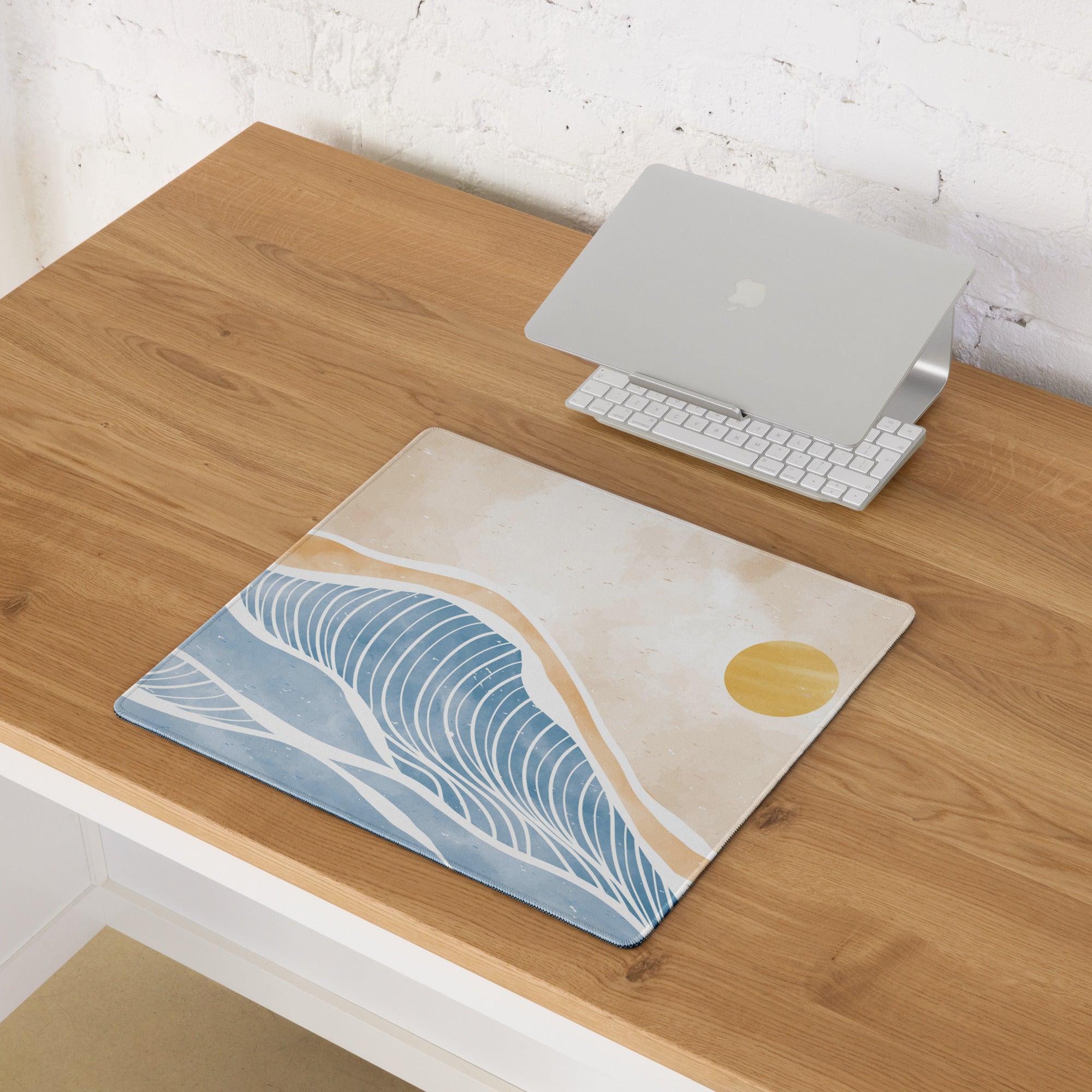 Boho Ocean Wave Mouse Pad Large 36x18 Beige Blue Orange Non Slip Edge Stitched Desk Pad
