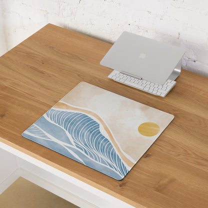 Boho Ocean Wave Mouse Pad Large 36x18 Beige Blue Orange Non Slip Edge Stitched Desk Pad