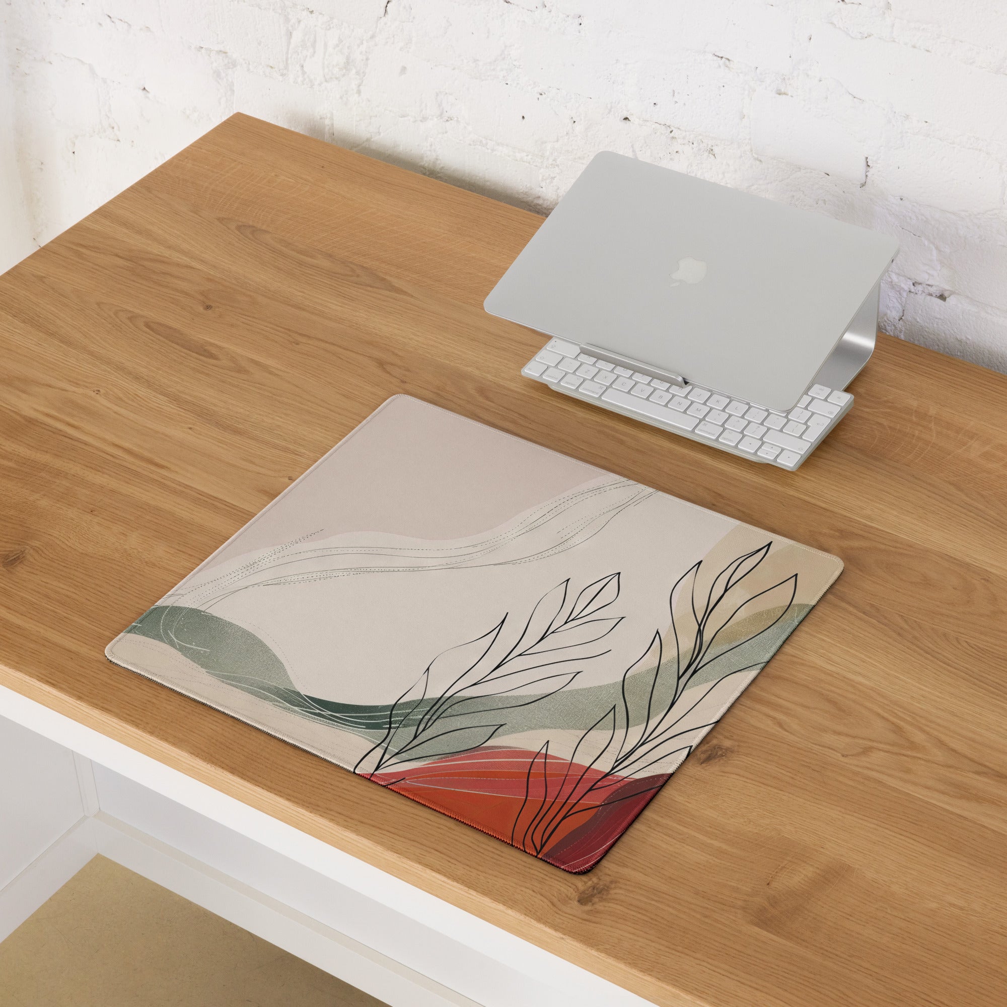 Boho Beige Green Red Abstract Floral Mouse Pad For Desk Non Slip Surface Modern Minimalist Gaming Setup