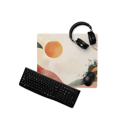 Boho Abstract Botanical Sun Watercolor Mouse Pad With Peach Orange And Green Tones For Modern Desk