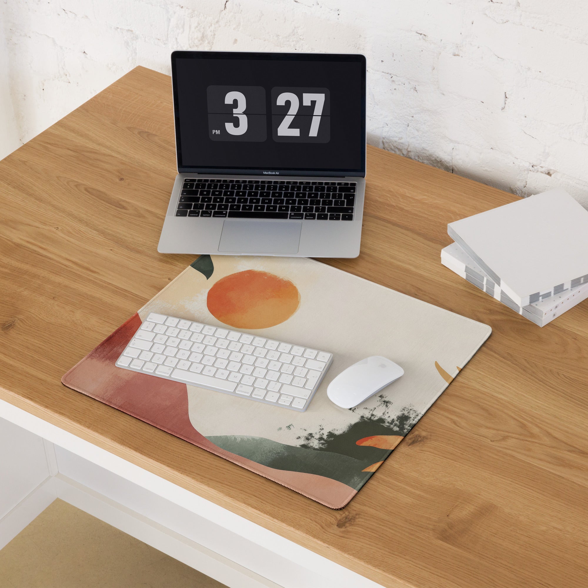 Boho Abstract Botanical Sun Watercolor Mouse Pad With Peach Orange And Green Tones For Modern Desk