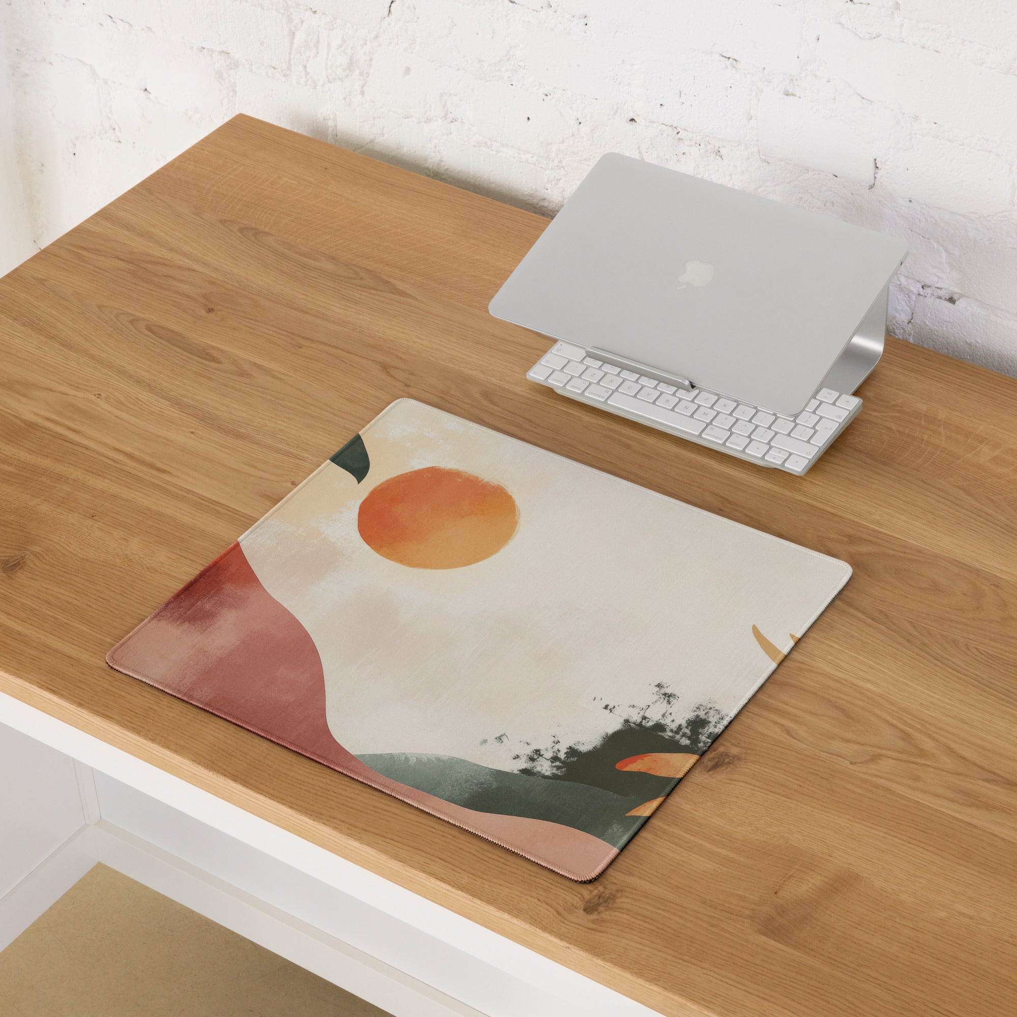 Boho Abstract Botanical Sun Watercolor Mouse Pad With Peach Orange And Green Tones For Modern Desk