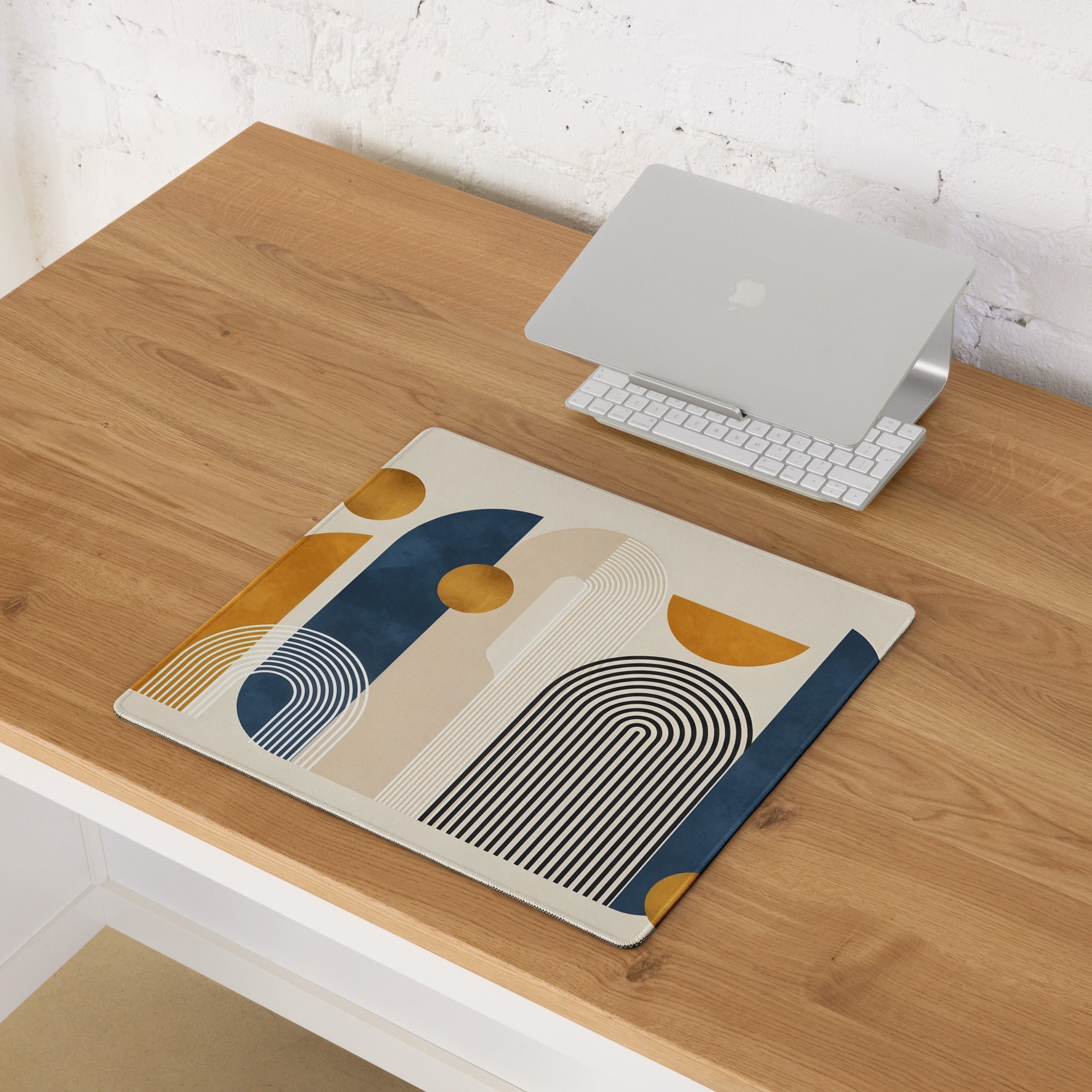 Boho Geometric Abstract Art Mouse Pad Orange Navy Cream Color Block Desk Mat for Gaming and Office