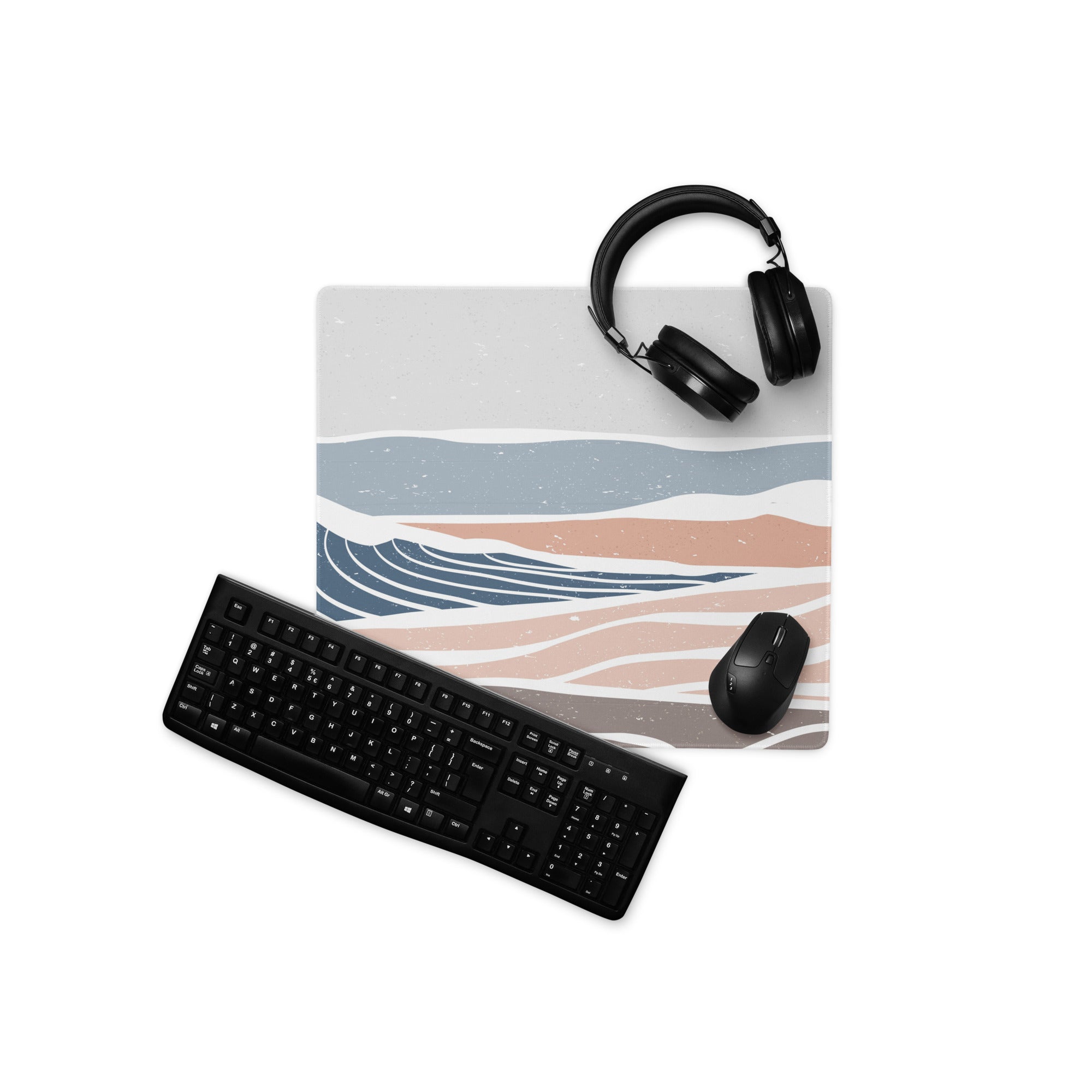 Boho Ocean Wave Mouse Pad Gray Blue Peach Tones For Gaming Desk Non Slip Edge Stitching