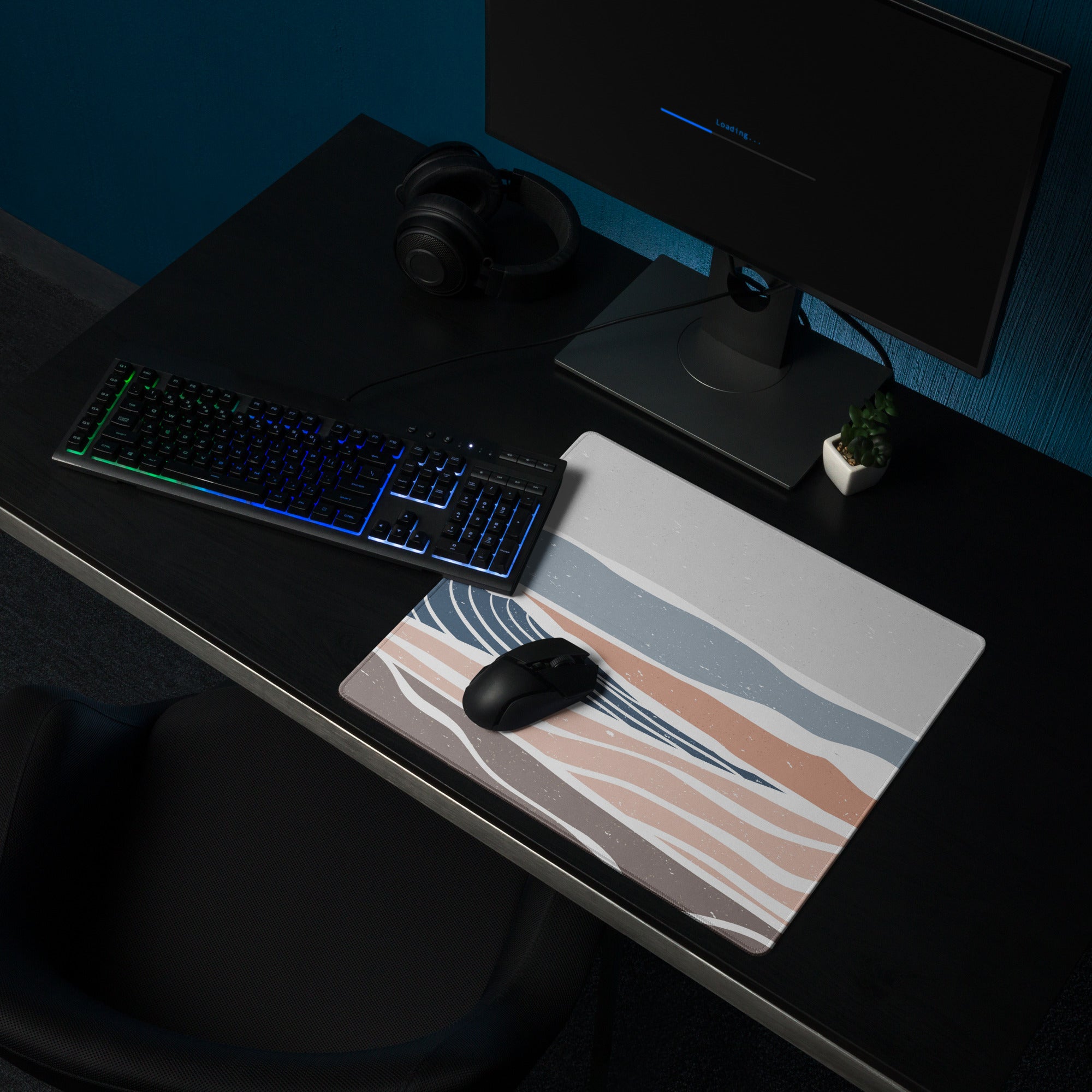 Boho Ocean Wave Mouse Pad Gray Blue Peach Tones For Gaming Desk Non Slip Edge Stitching