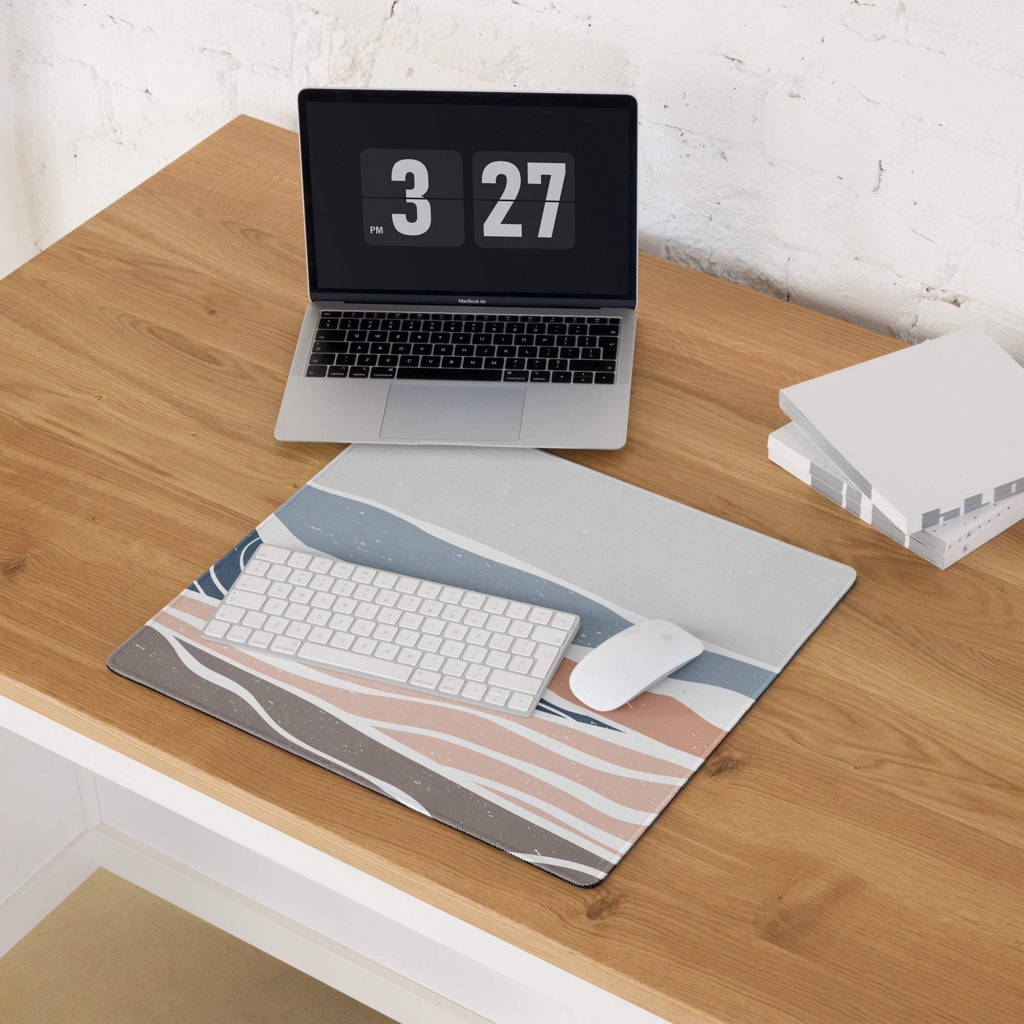 Boho Ocean Wave Mouse Pad Gray Blue Peach Tones For Gaming Desk Non Slip Edge Stitching