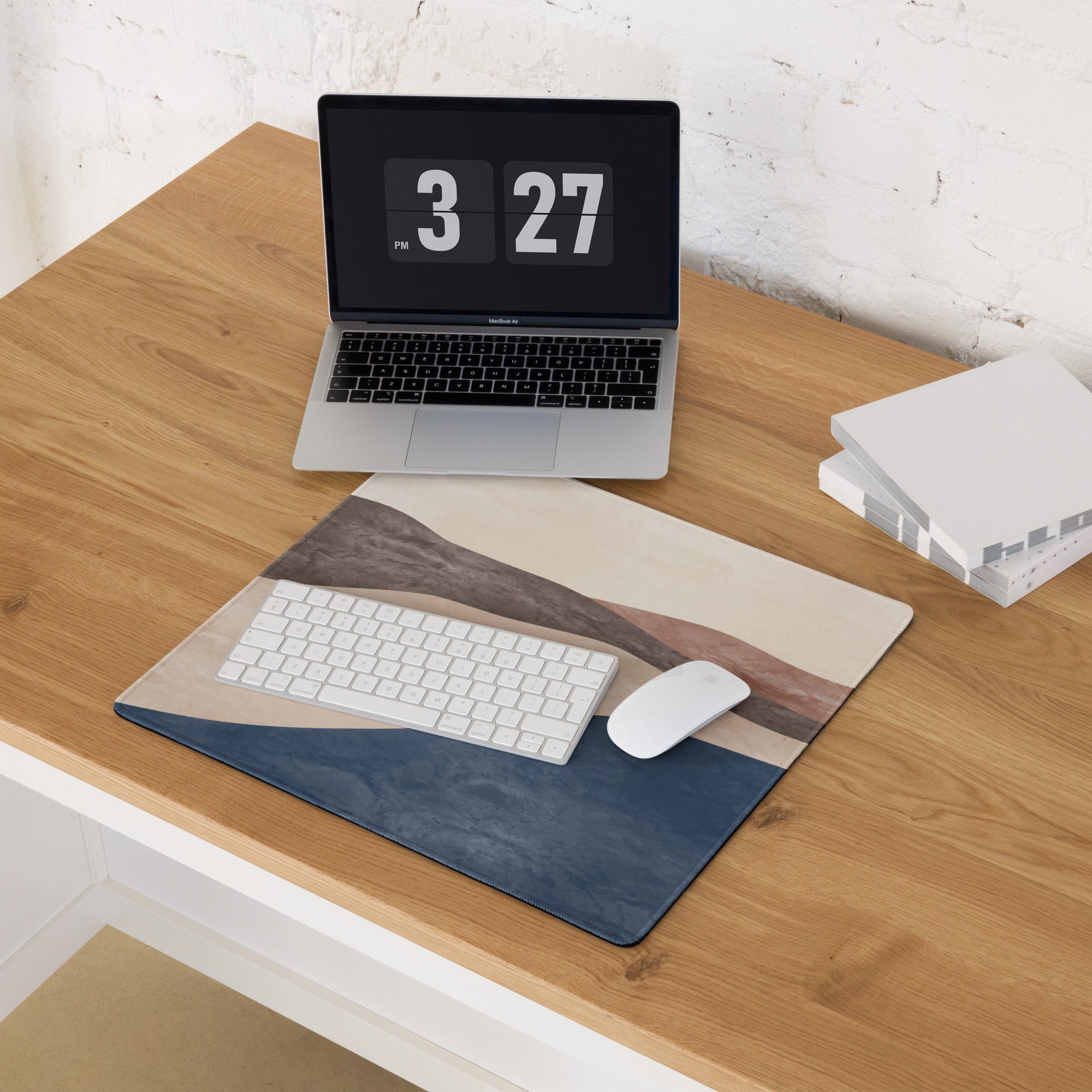 Boho Landscape Desk Pad - Landscape Desk Pad Beige Brown Navy Calm Mood Boho Desk Decor Printed Fabric 36x18 Non Slip