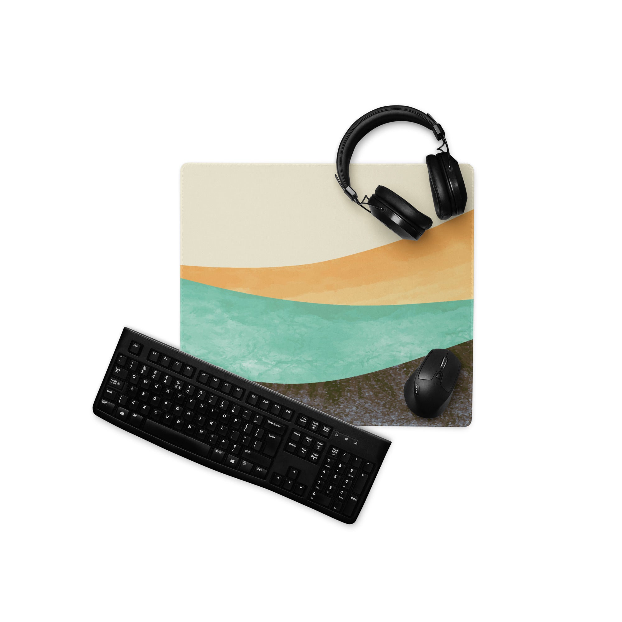 Boho Wave Design Large Mouse Pad Teal Orange Beige Non Slip Edge Stitching Desk Mat For Home Office And Gaming
