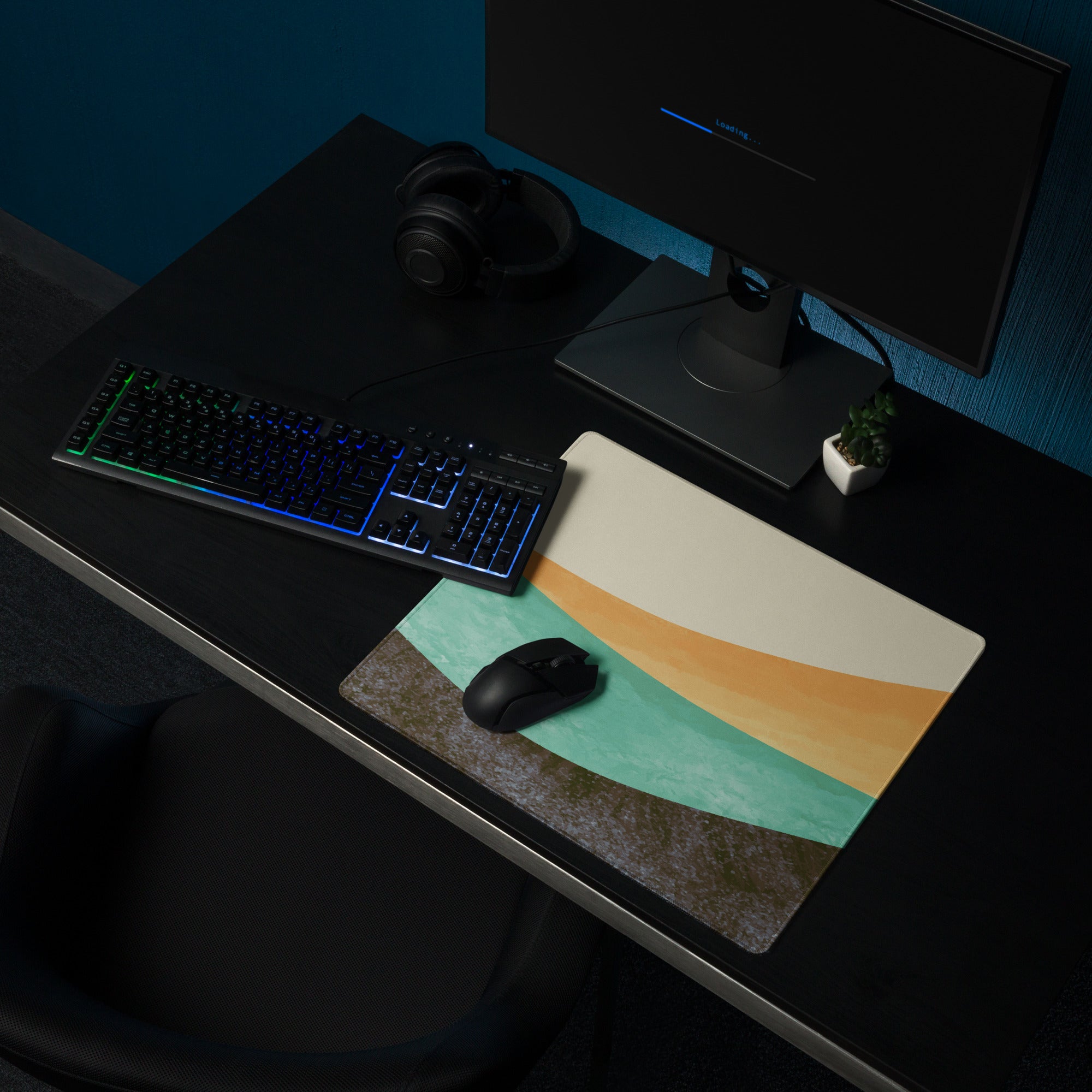 Boho Wave Design Large Mouse Pad Teal Orange Beige Non Slip Edge Stitching Desk Mat For Home Office And Gaming