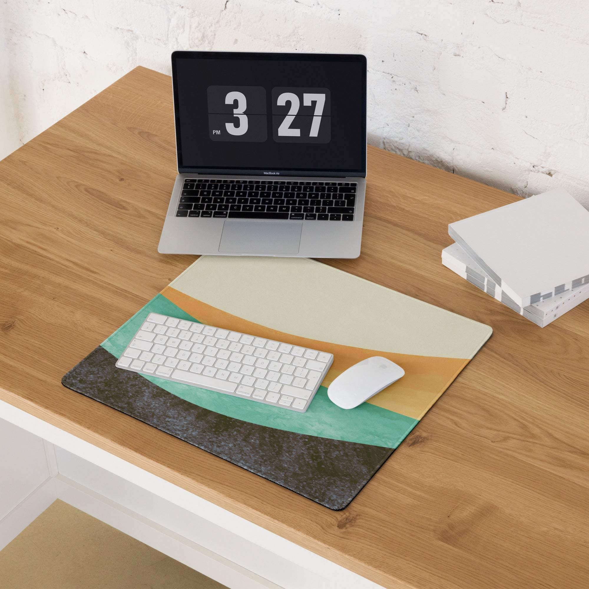 Boho wave teal orange rectangular desk mat with abstract geometric design in muted teal beige and dark gray fabric print