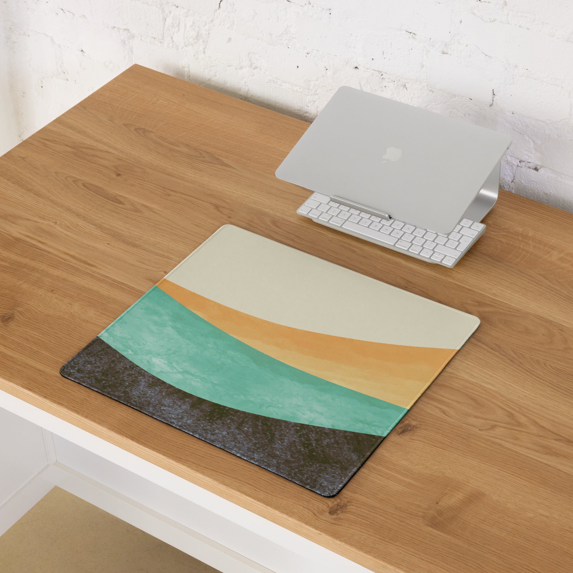 Boho Wave Design Large Mouse Pad Teal Orange Beige Non Slip Edge Stitching Desk Mat For Home Office And Gaming