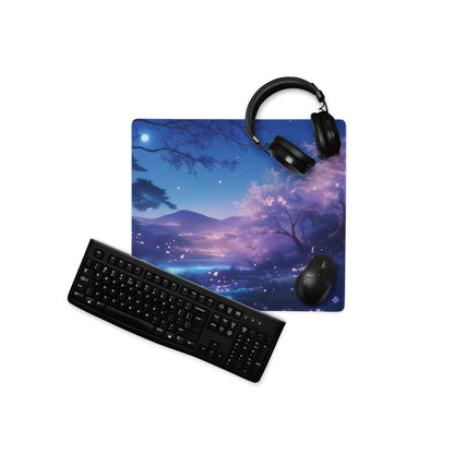 Cherry Blossom Night Sky Mouse Pad Blue Purple For Gaming Desk Digital Art Non Slip Large