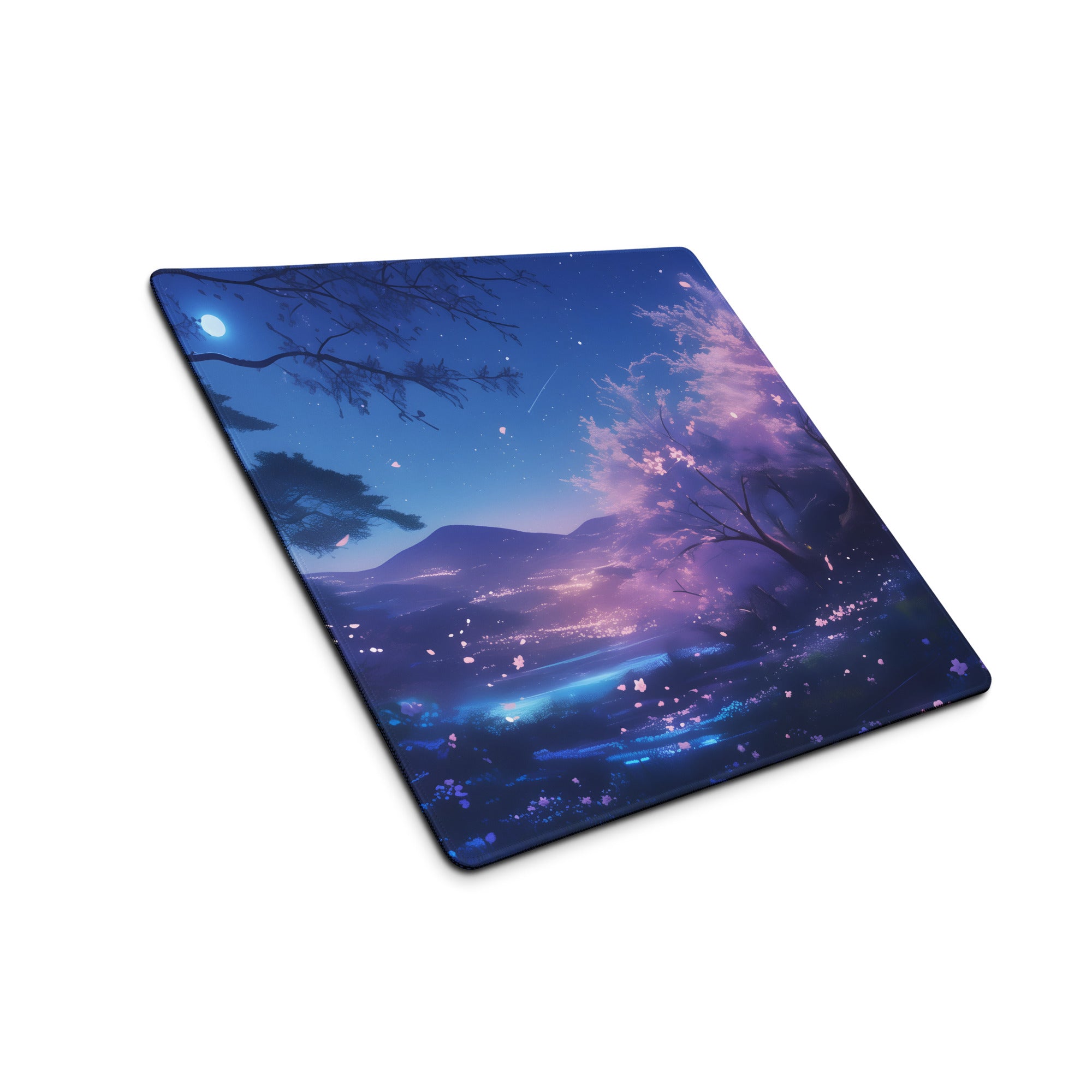 Cherry Blossom Night Sky Mouse Pad Blue Purple For Gaming Desk Digital Art Non Slip Large