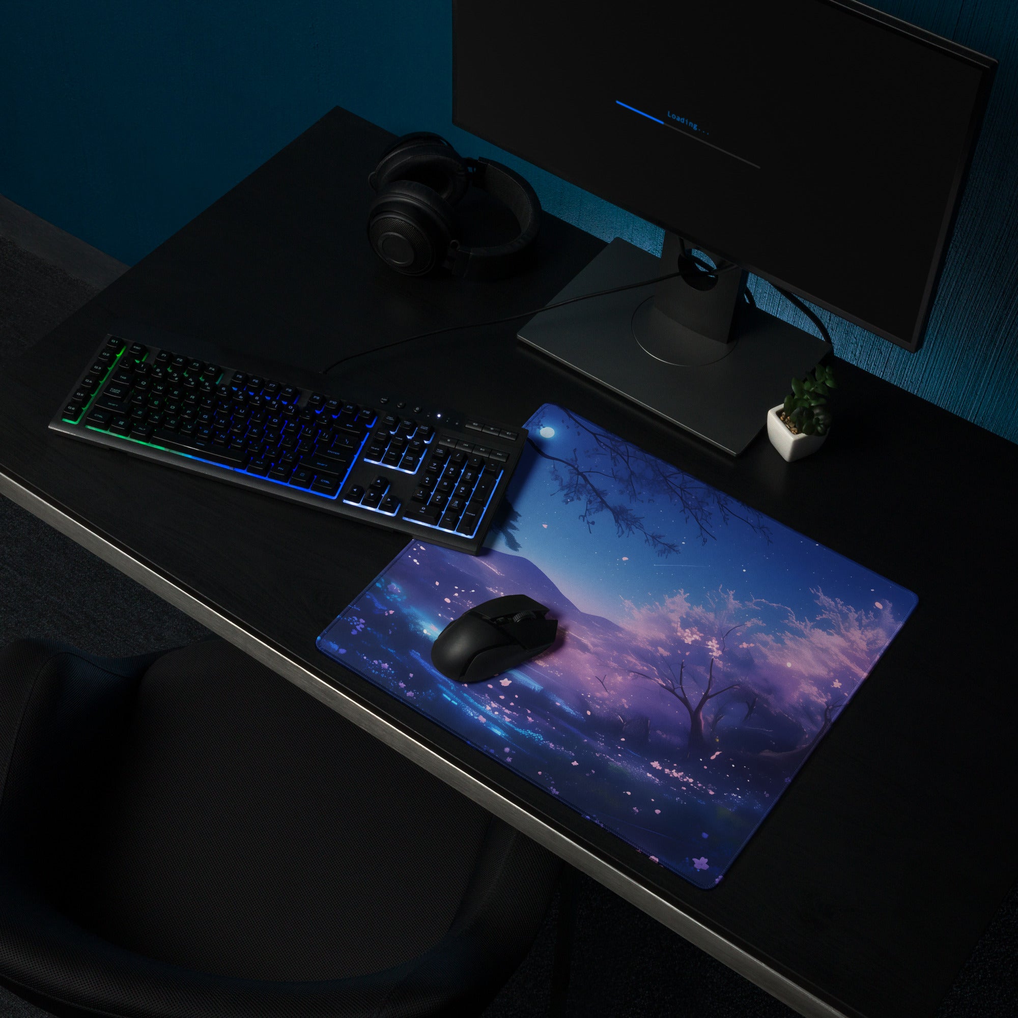 Cherry Blossom Night Sky Mouse Pad Blue Purple For Gaming Desk Digital Art Non Slip Large