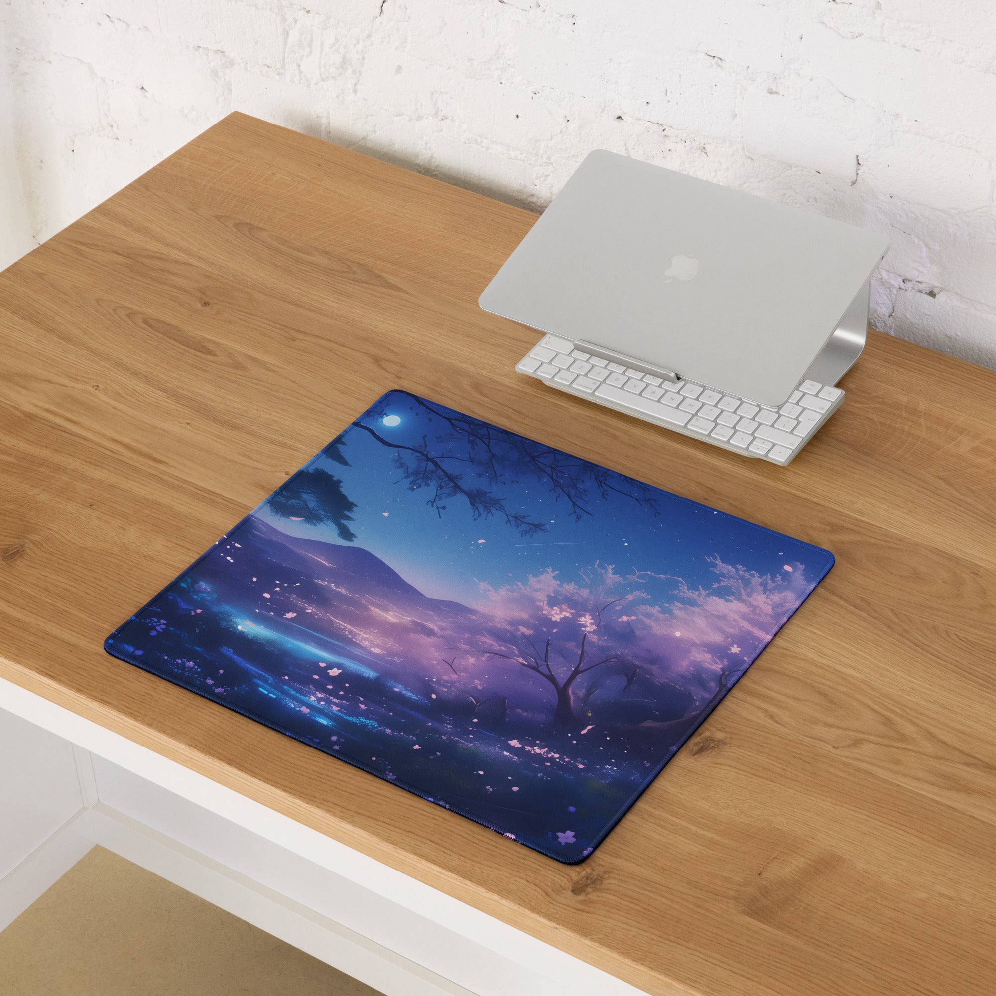 Cherry Blossom Night Sky Mouse Pad Blue Purple For Gaming Desk Digital Art Non Slip Large