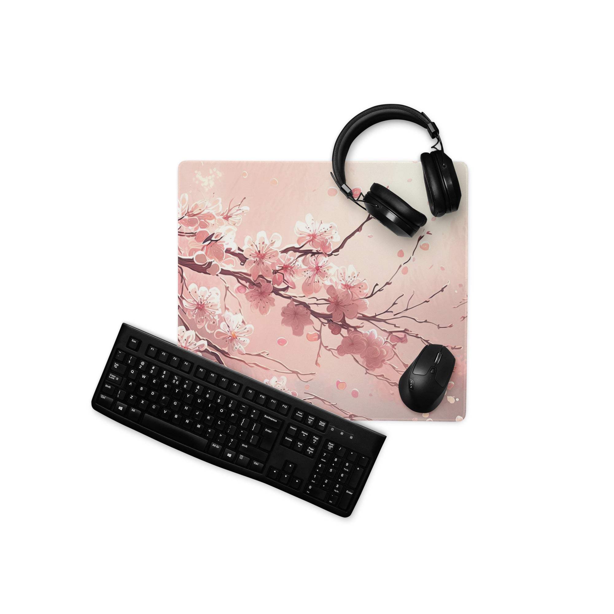 Cherry blossom pink mouse pad with floral pattern and soft gradient background for gaming desk decor