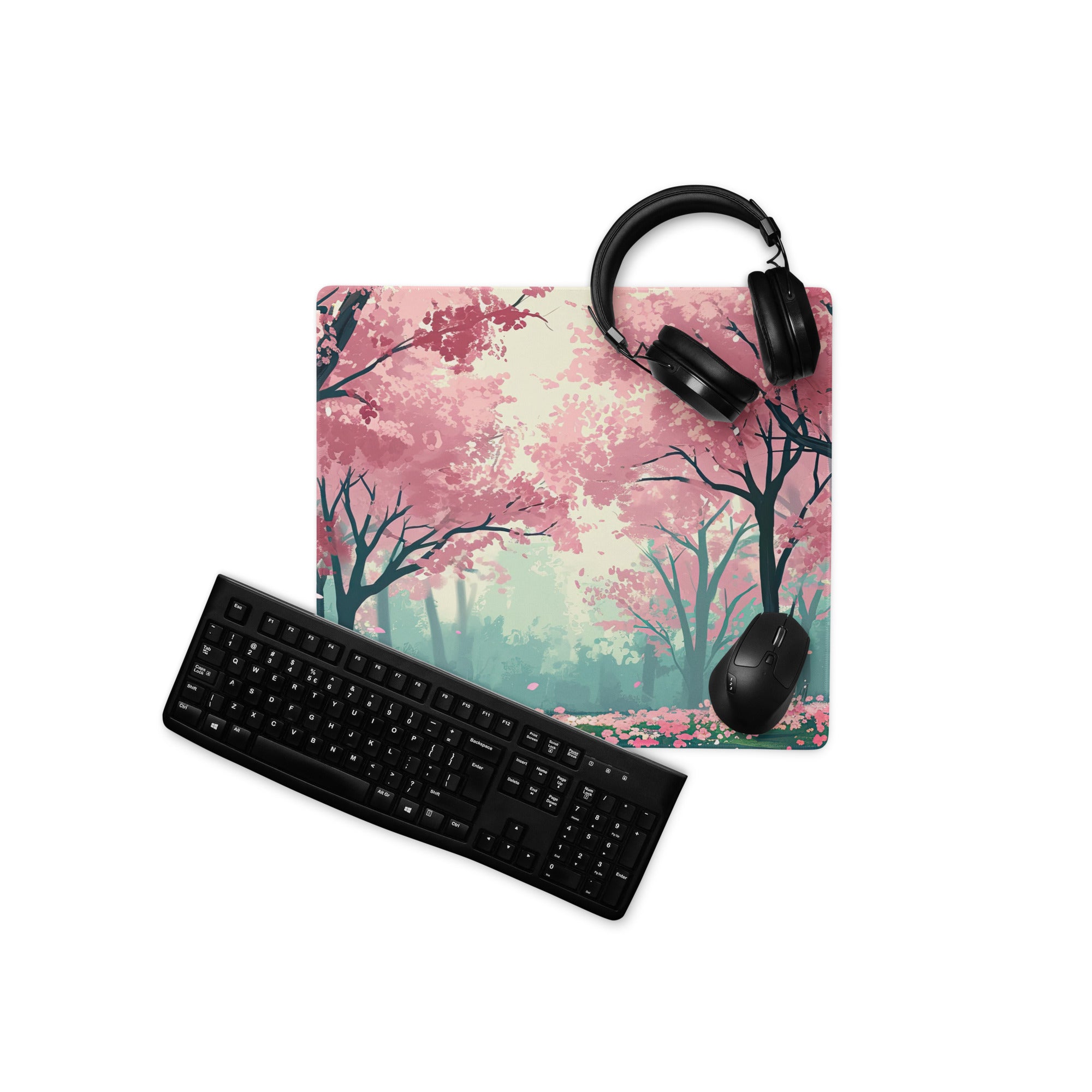 Cherry Blossom Mouse Pad Pink Teal Dreamlike Desk Mat Gaming PC Dreamy Mood Modern Decor Non Slip Edge Stitching