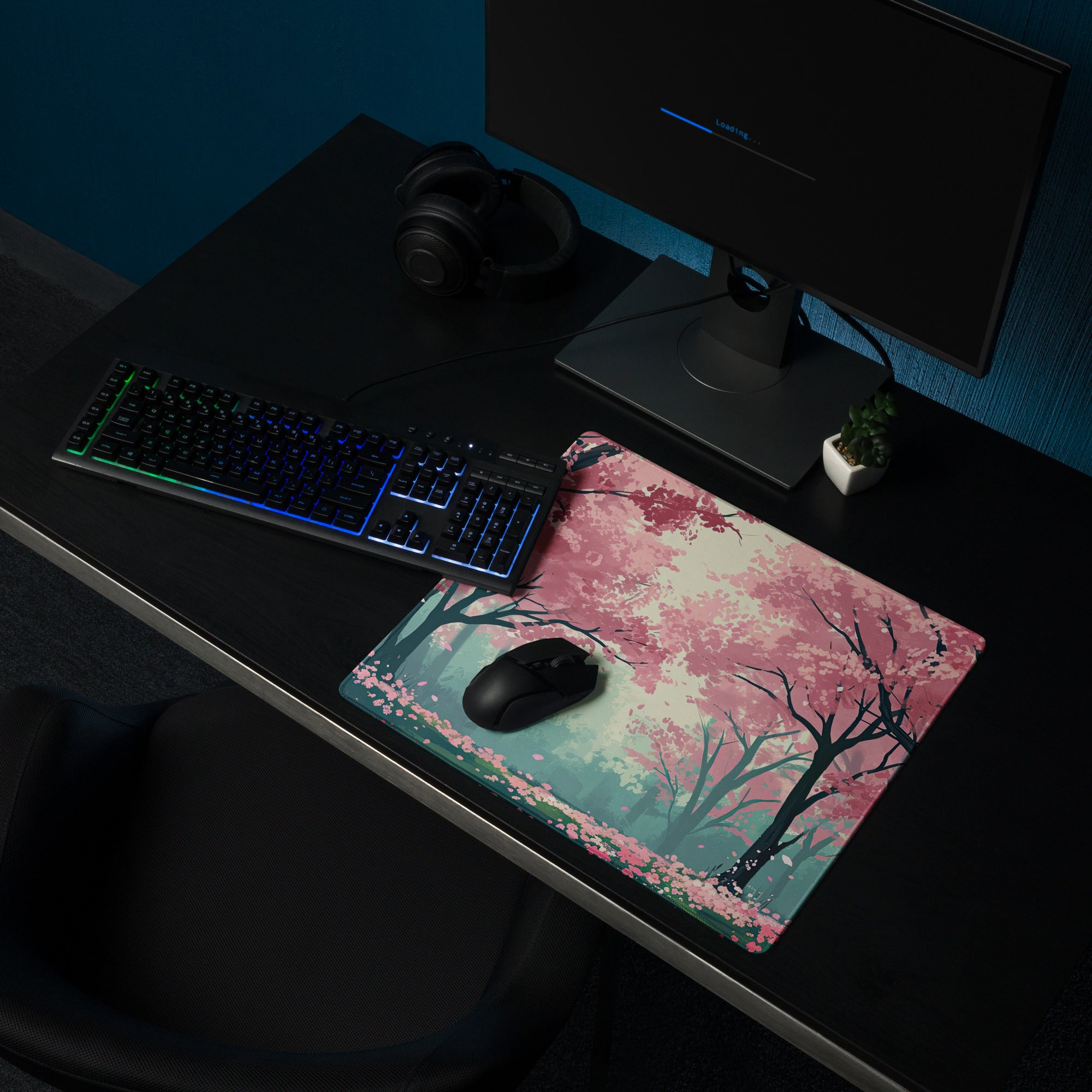 Cherry Blossom Mouse Pad Pink Teal Dreamlike Desk Mat Gaming PC Dreamy Mood Modern Decor Non Slip Edge Stitching