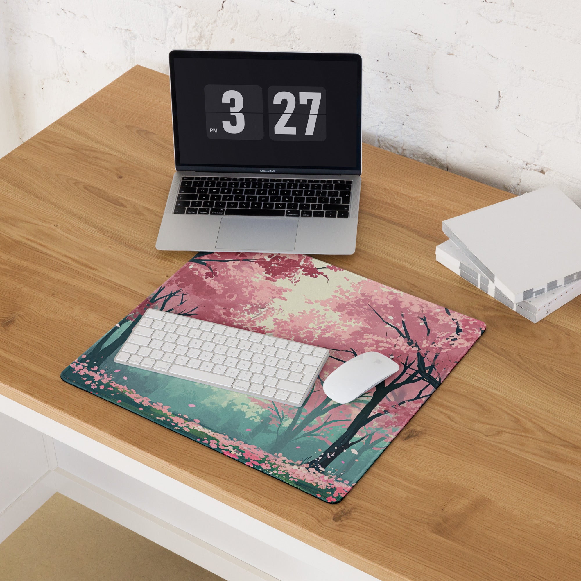 Cherry Blossom Mouse Pad Pink Teal Dreamlike Desk Mat Gaming PC Dreamy Mood Modern Decor Non Slip Edge Stitching