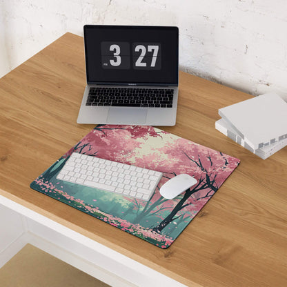 Cherry Blossom Mouse Pad Pink Teal Dreamlike Desk Mat Gaming PC Dreamy Mood Modern Decor Non Slip Edge Stitching
