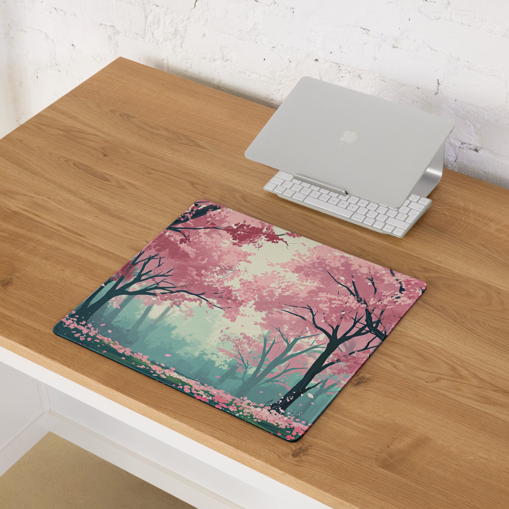 Cherry Blossom Mouse Pad Pink Teal Dreamlike Desk Mat Gaming PC Dreamy Mood Modern Decor Non Slip Edge Stitching