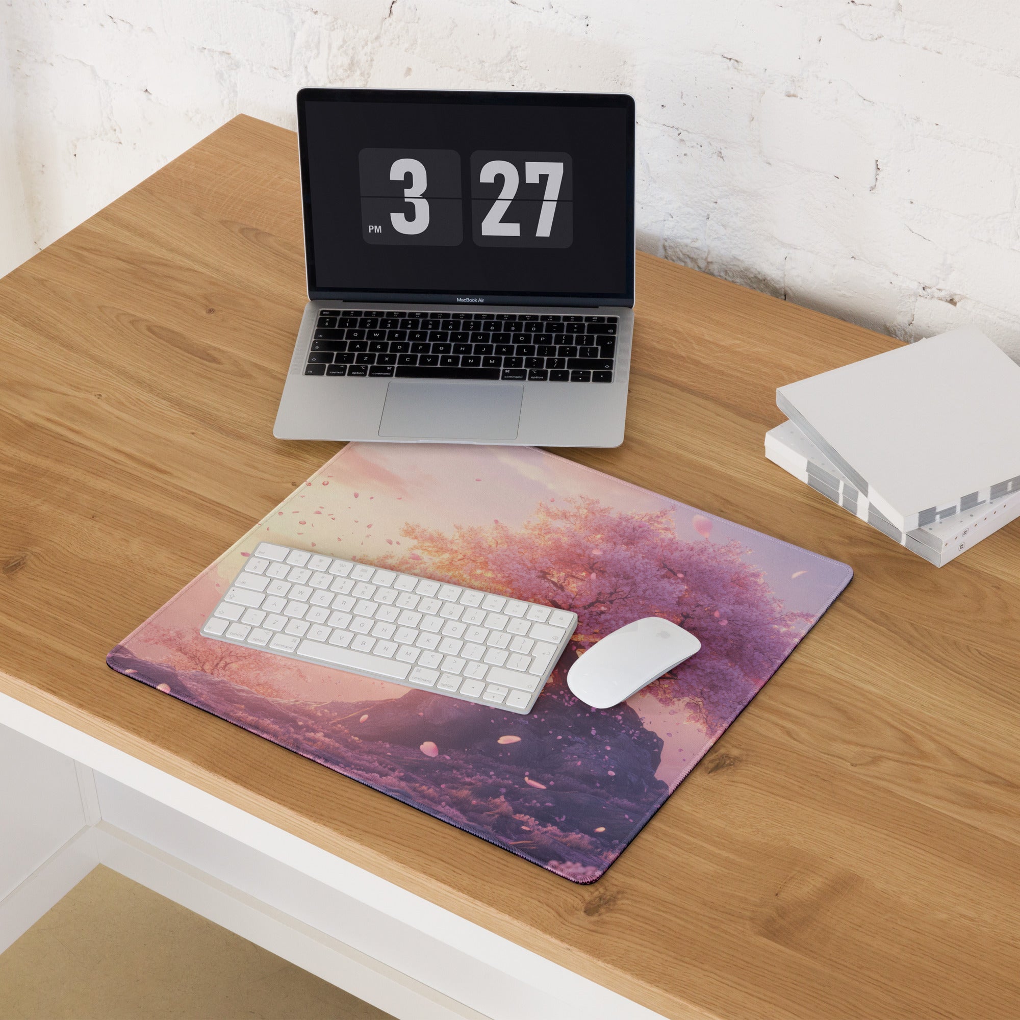 Cherry Blossom Pink Lavender Gaming Mouse Pad For Desktop Setup In Pastel Modern Style With Non Slip Base