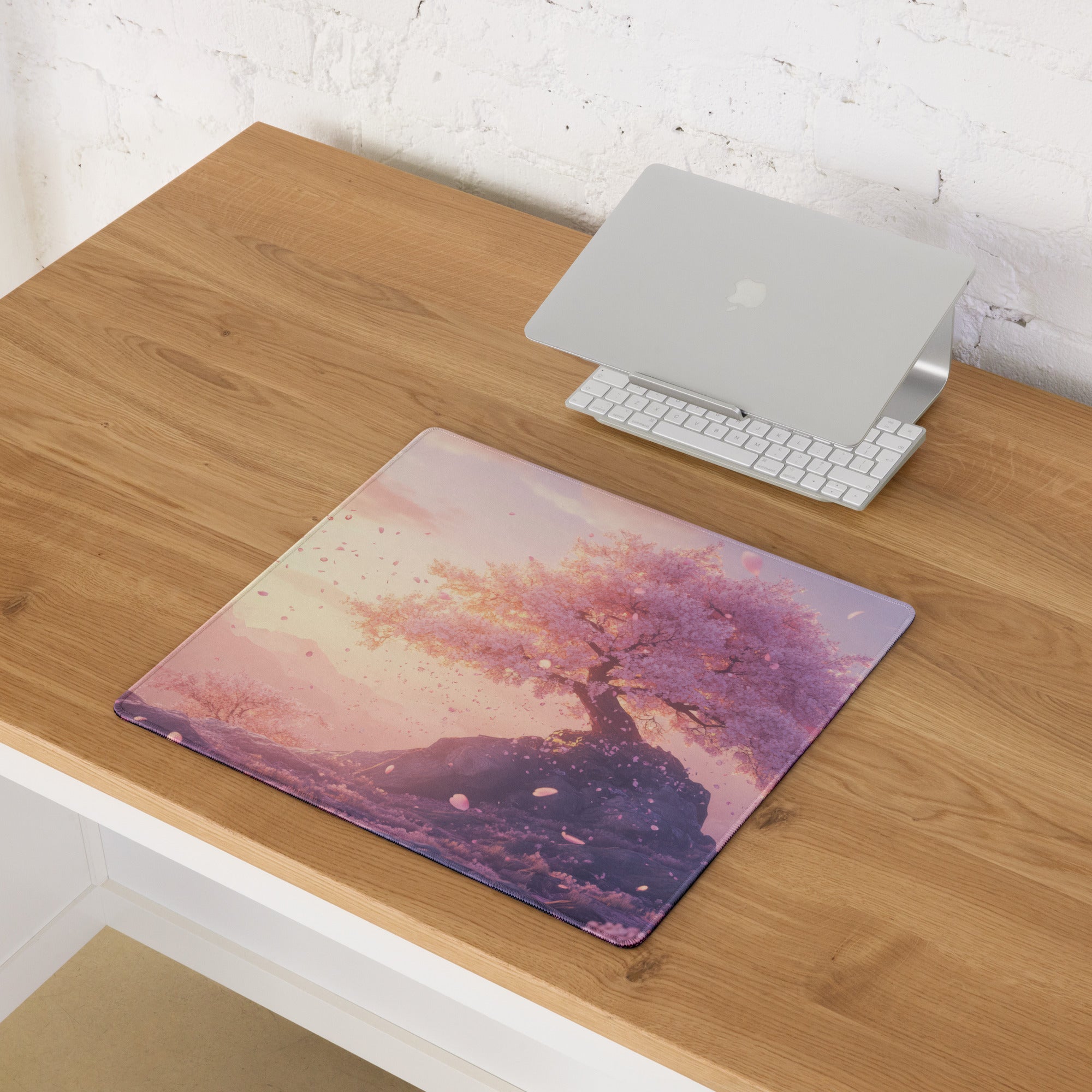 Cherry Blossom Pink Lavender Gaming Mouse Pad For Desktop Setup In Pastel Modern Style With Non Slip Base