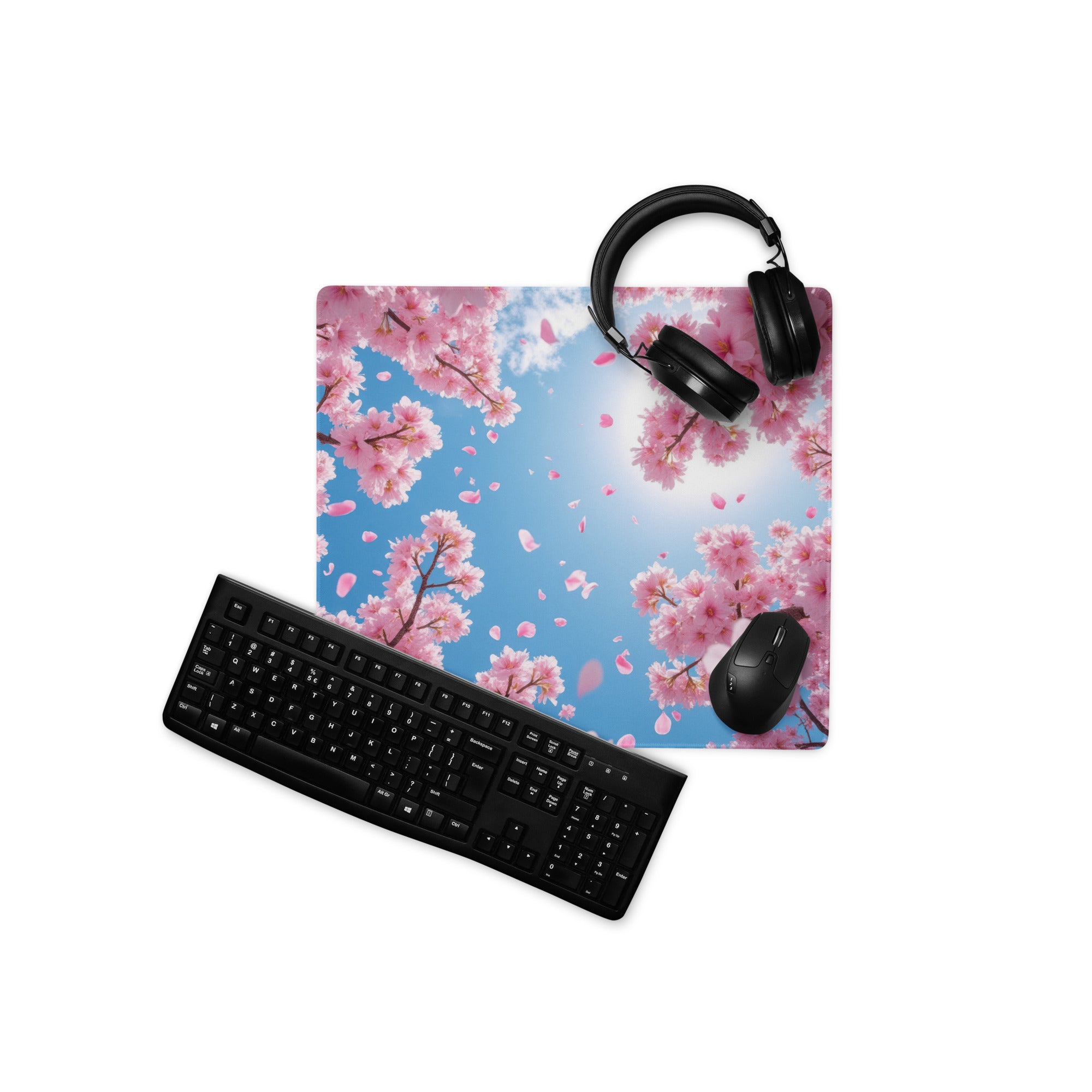 Cherry Blossom Pink Blue Mouse Pad For Gaming And Office Desk Mat Modern Floral Art