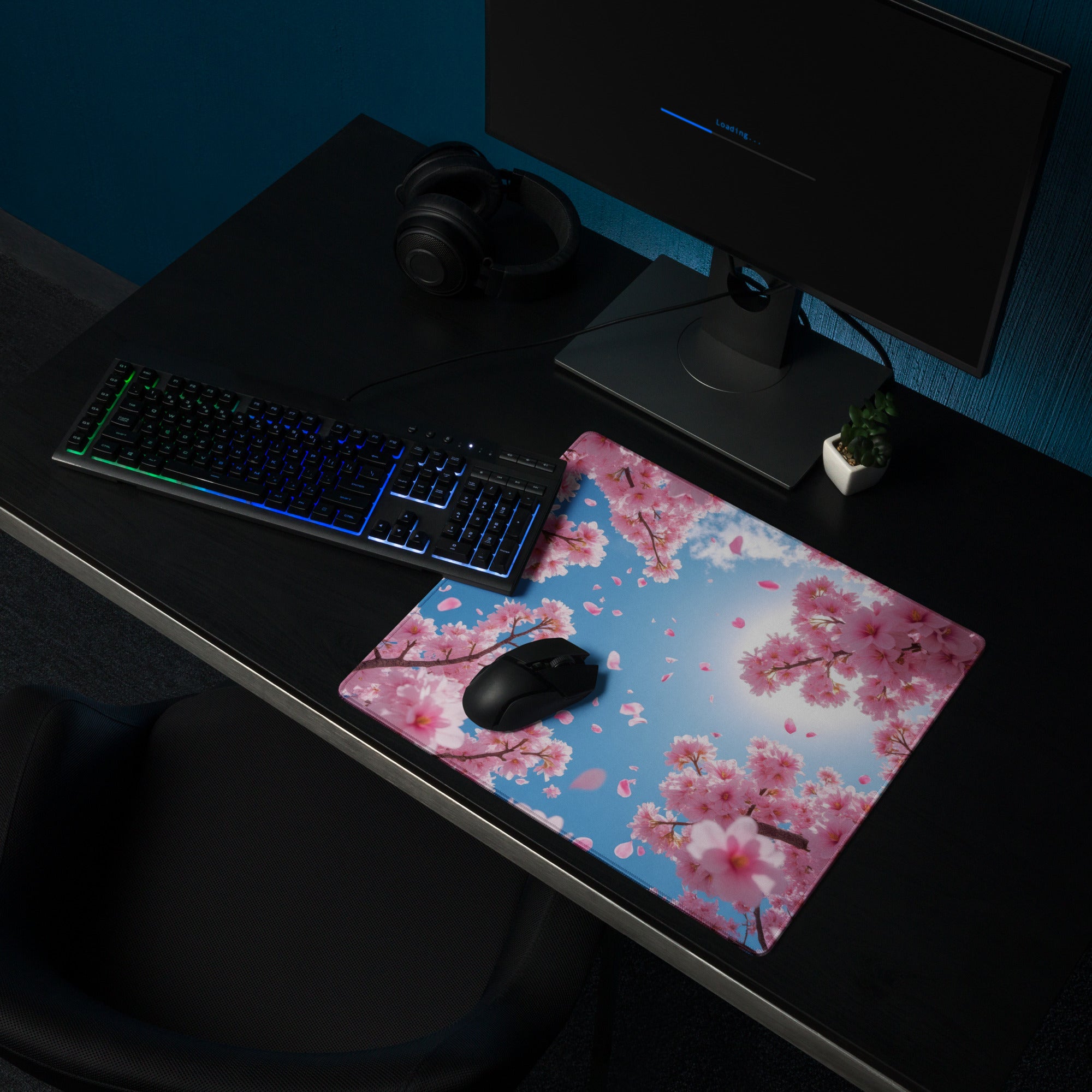 Cherry Blossom Pink Blue Mouse Pad For Gaming And Office Desk Mat Modern Floral Art