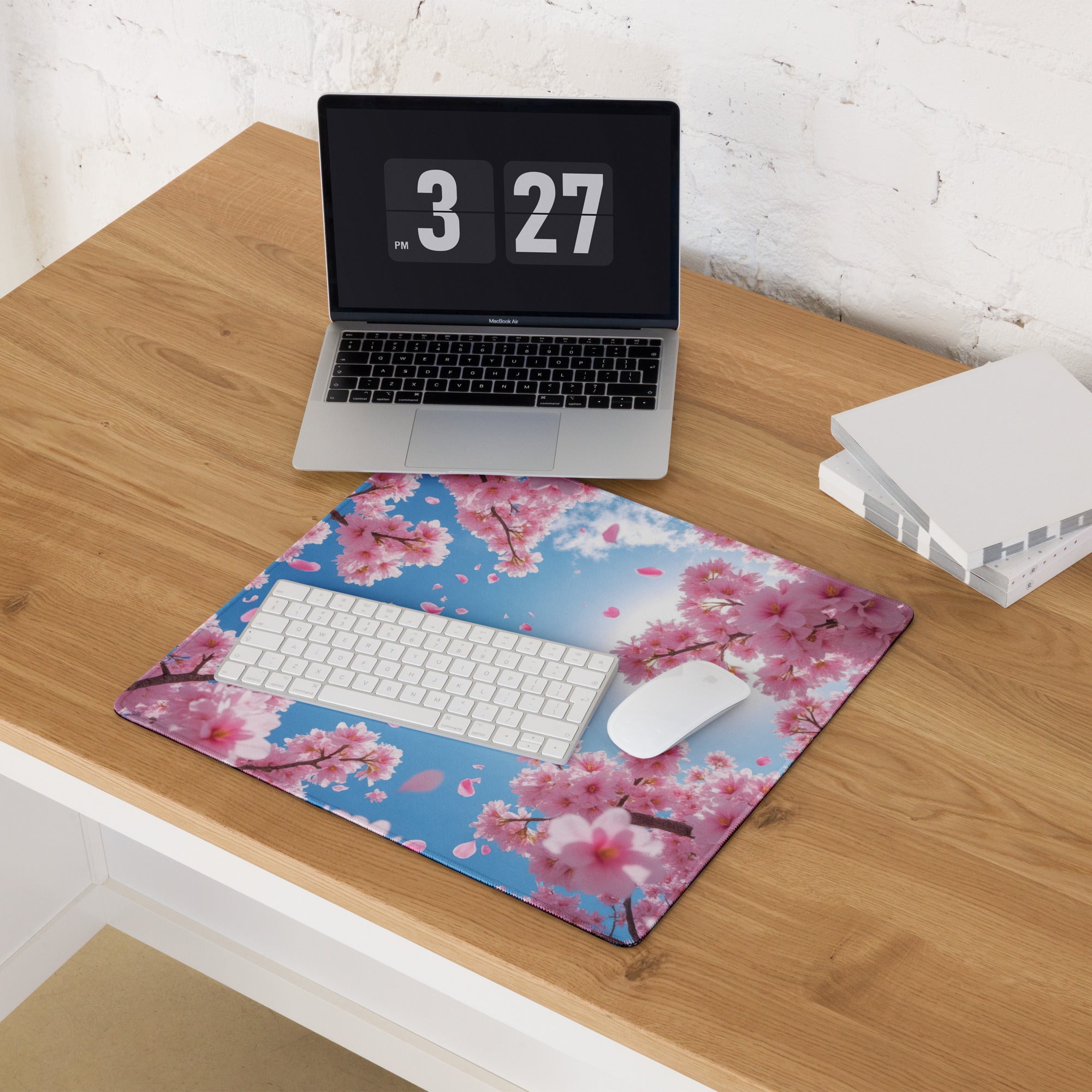 Cherry Blossom Pink Blue Mouse Pad For Gaming And Office Desk Mat Modern Floral Art