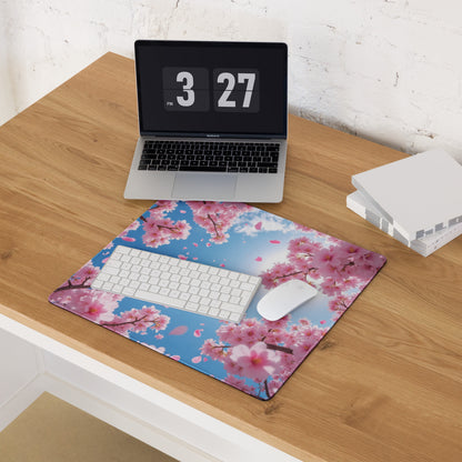 Cherry Blossom Pink Blue Mouse Pad For Gaming And Office Desk Mat Modern Floral Art