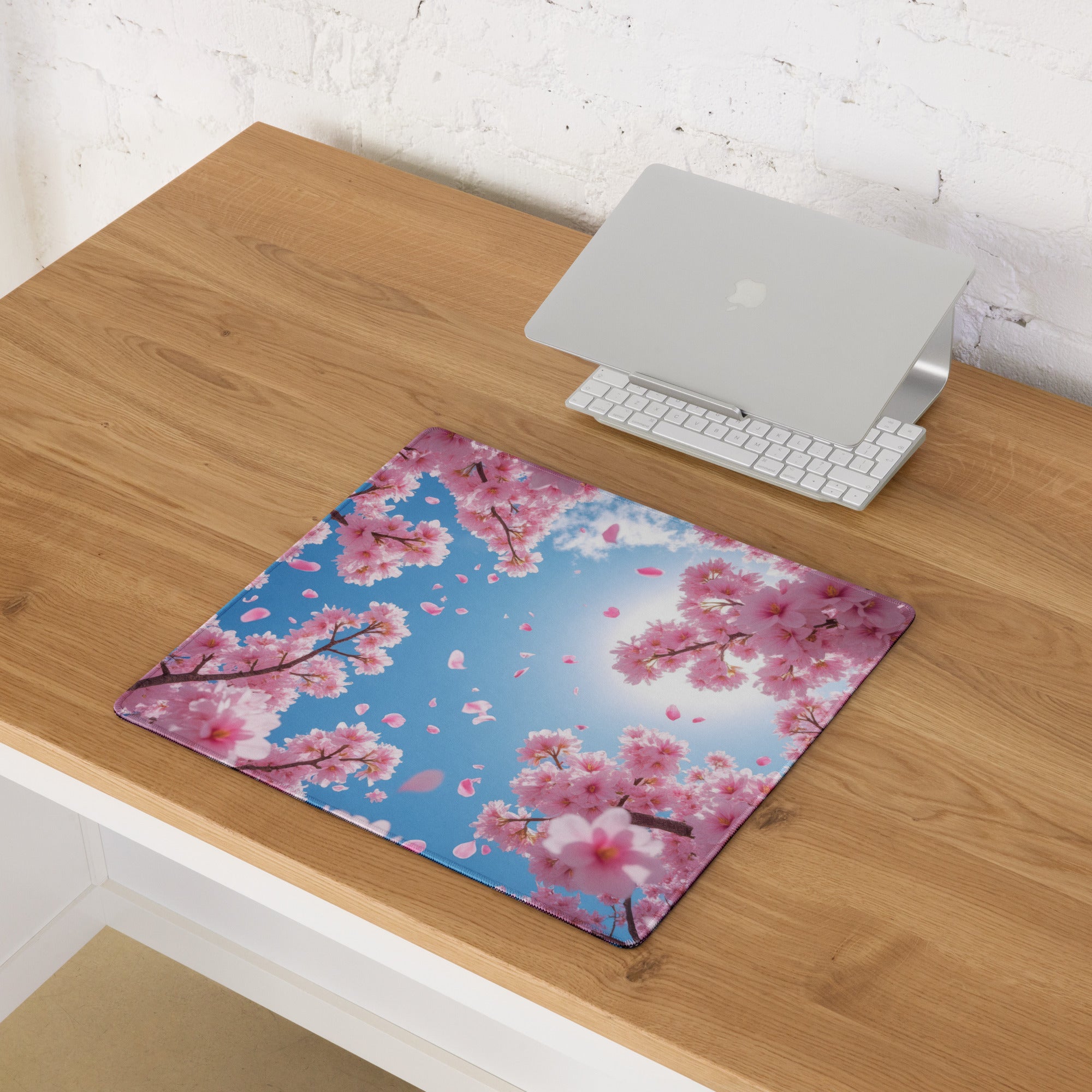 Cherry Blossom Pink Blue Mouse Pad For Gaming And Office Desk Mat Modern Floral Art