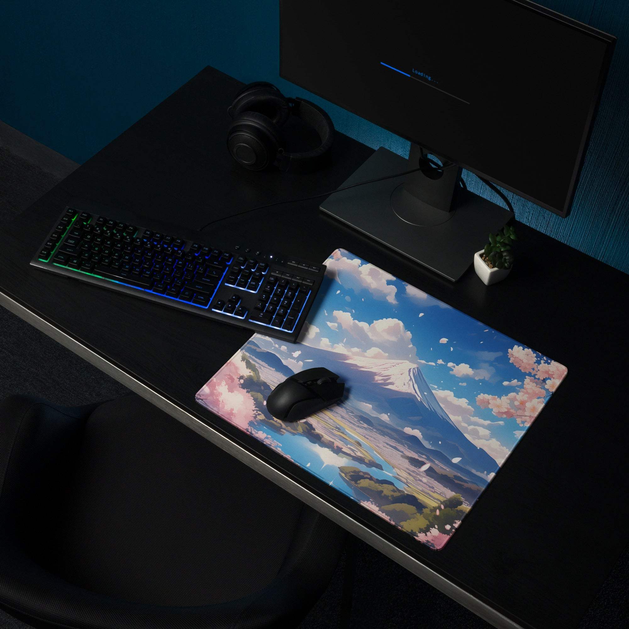 Cherry Blossom Themed Large Gaming Mouse Pad Pastel Pink And Sky Blue For Desk Setup Modern Minimalist