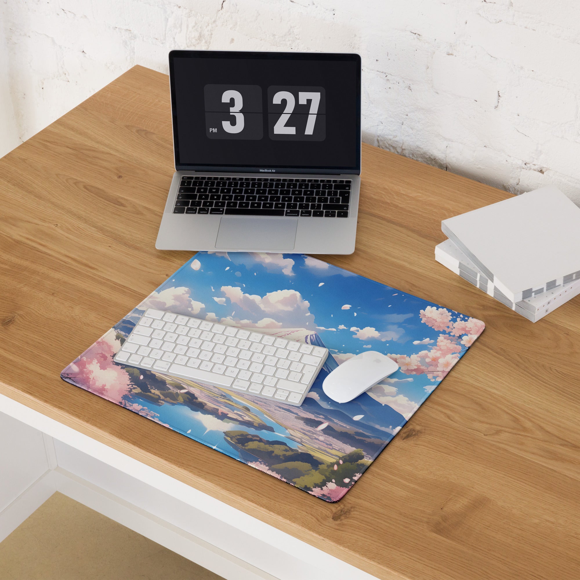 Cherry Blossom Themed Large Gaming Mouse Pad Pastel Pink And Sky Blue For Desk Setup Modern Minimalist