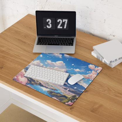 Cherry Blossom Themed Large Gaming Mouse Pad Pastel Pink And Sky Blue For Desk Setup Modern Minimalist