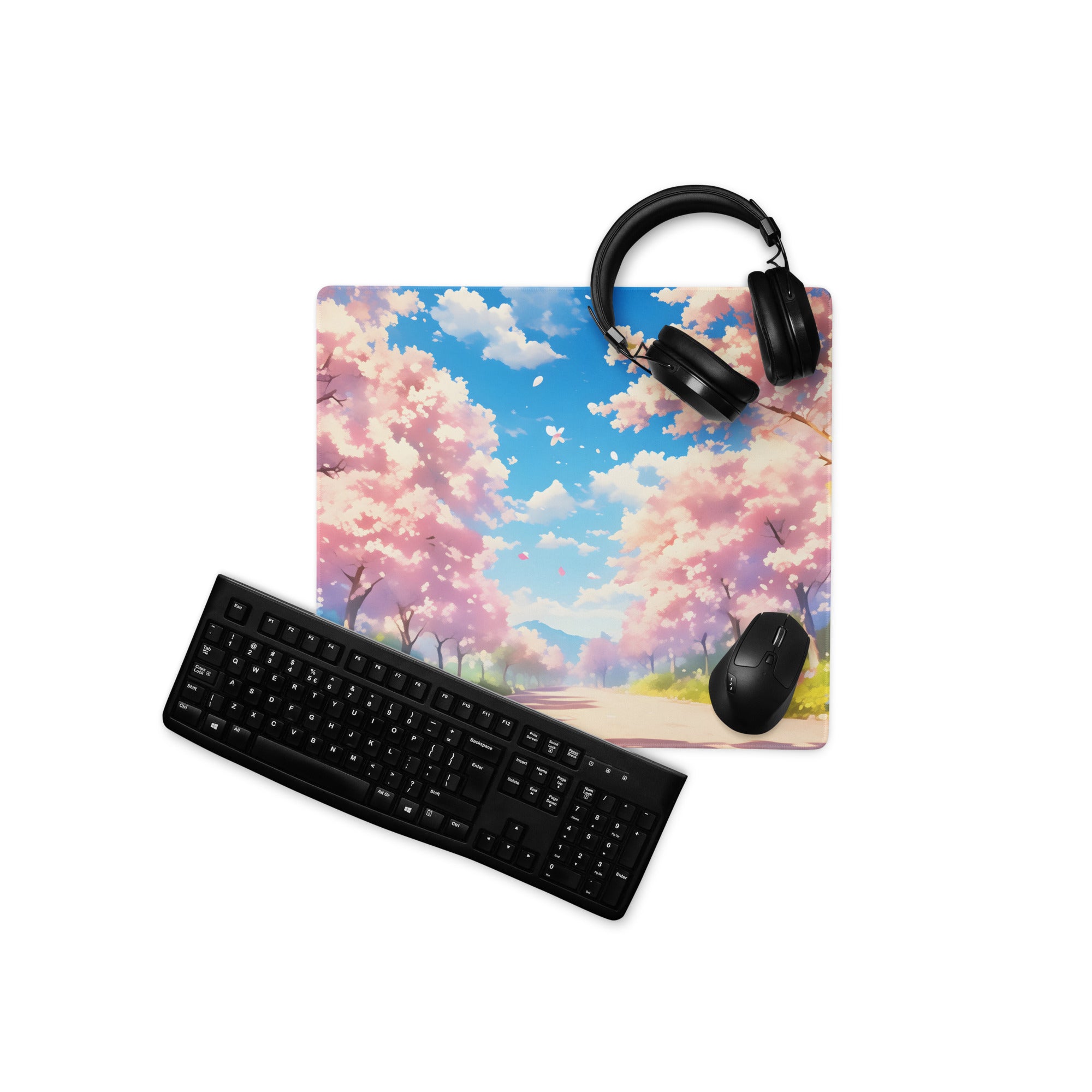 Cherry Blossom Mouse Pad Pink Blue For Gaming Desk Non Slip Large Desk Mat With Premium Edge Stitching Serene Mood