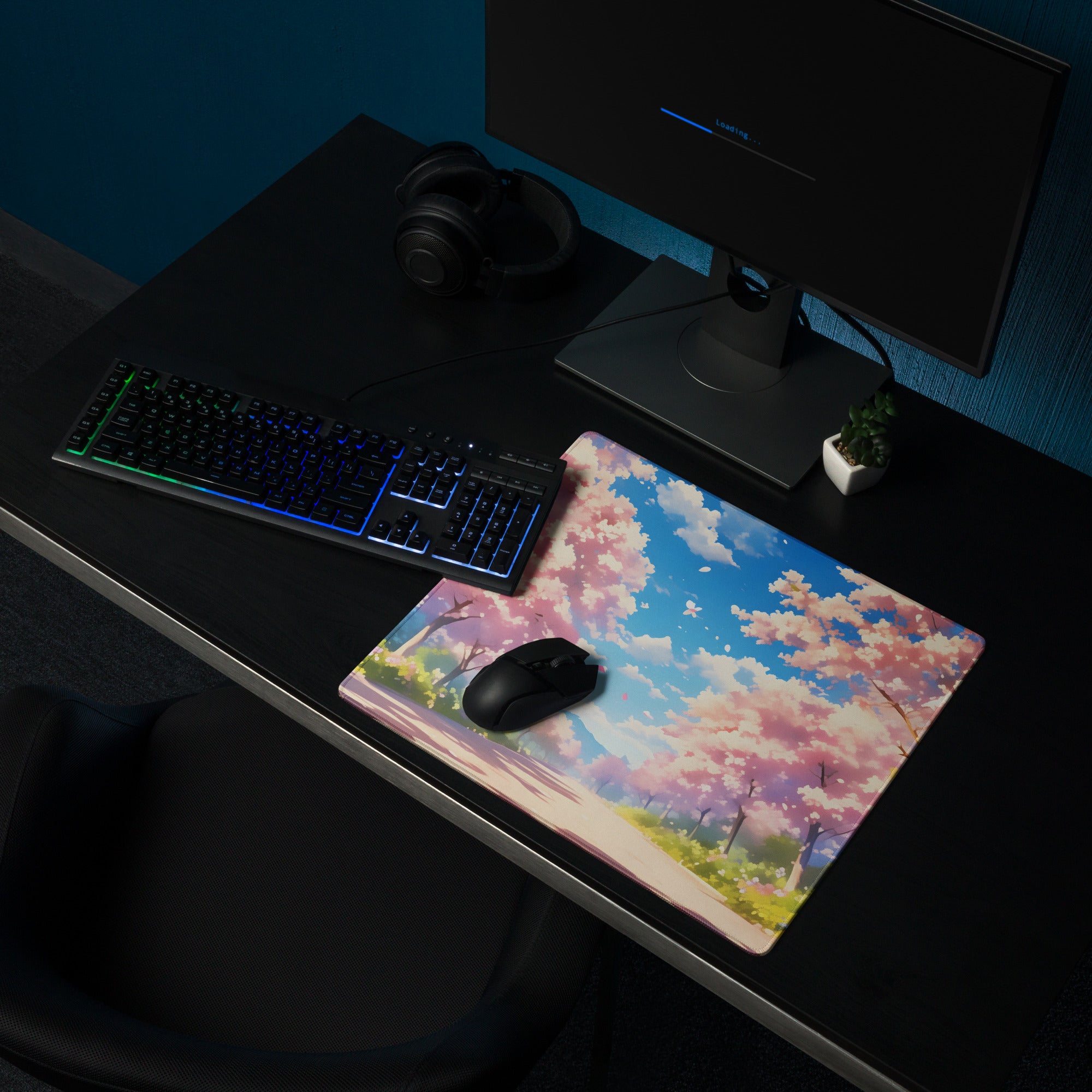 Cherry Blossom Mouse Pad Pink Blue For Gaming Desk Non Slip Large Desk Mat With Premium Edge Stitching Serene Mood
