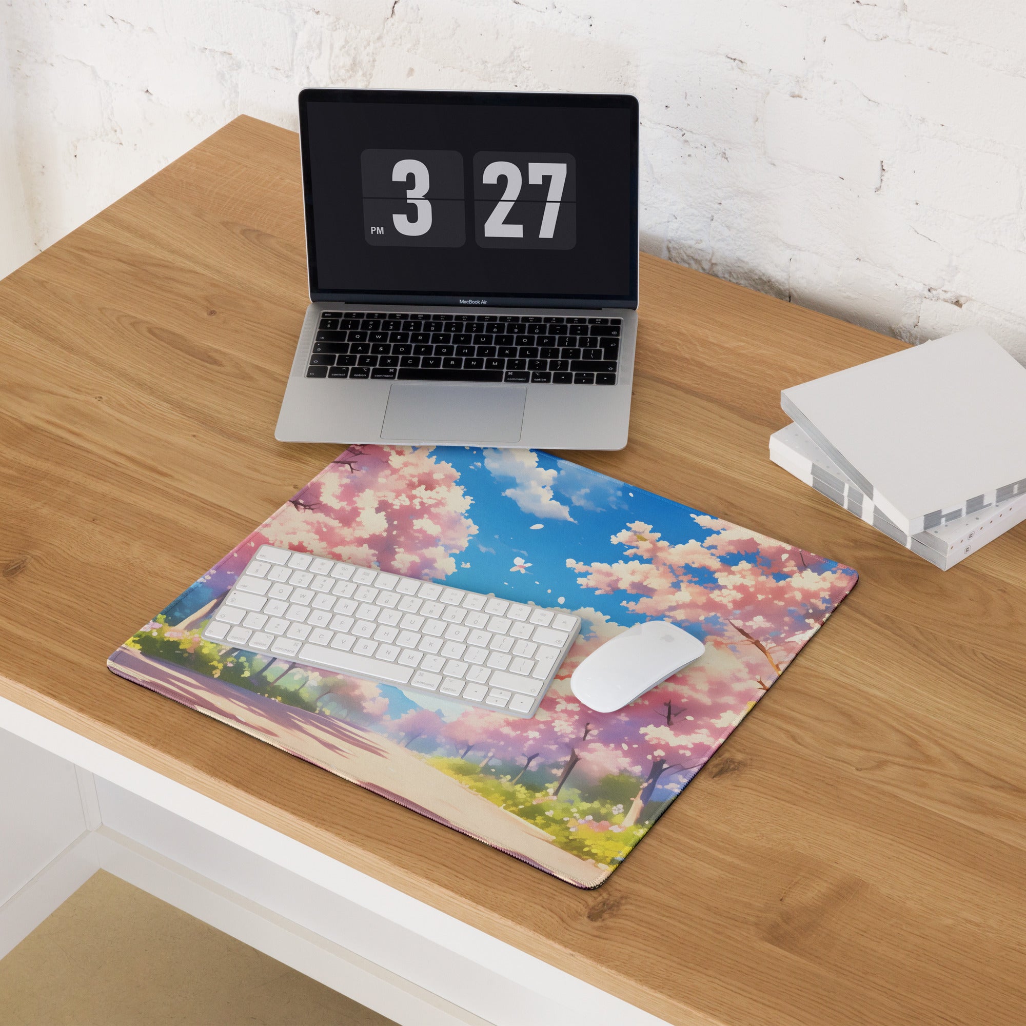 Cherry Blossom Mouse Pad Pink Blue For Gaming Desk Non Slip Large Desk Mat With Premium Edge Stitching Serene Mood